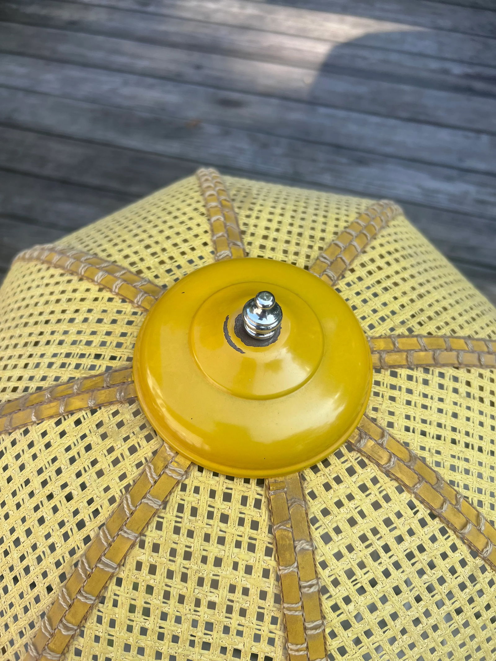 1970s Mid-Century Modern Yellow Table Lamp, Domed Wicker Shade With Large White Globe Housing Inside - 3