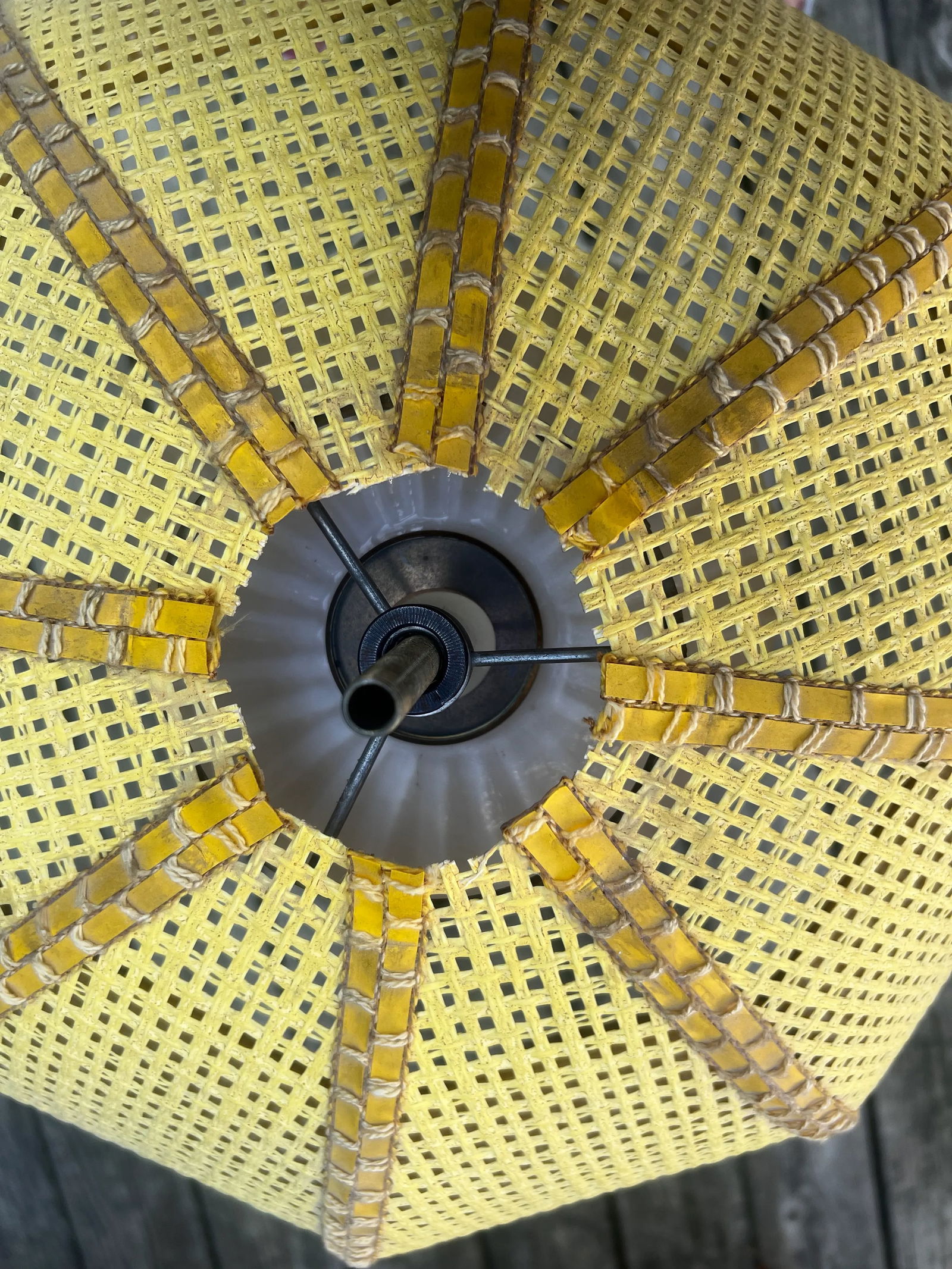 1970s Mid-Century Modern Yellow Table Lamp, Domed Wicker Shade With Large White Globe Housing Inside - 5