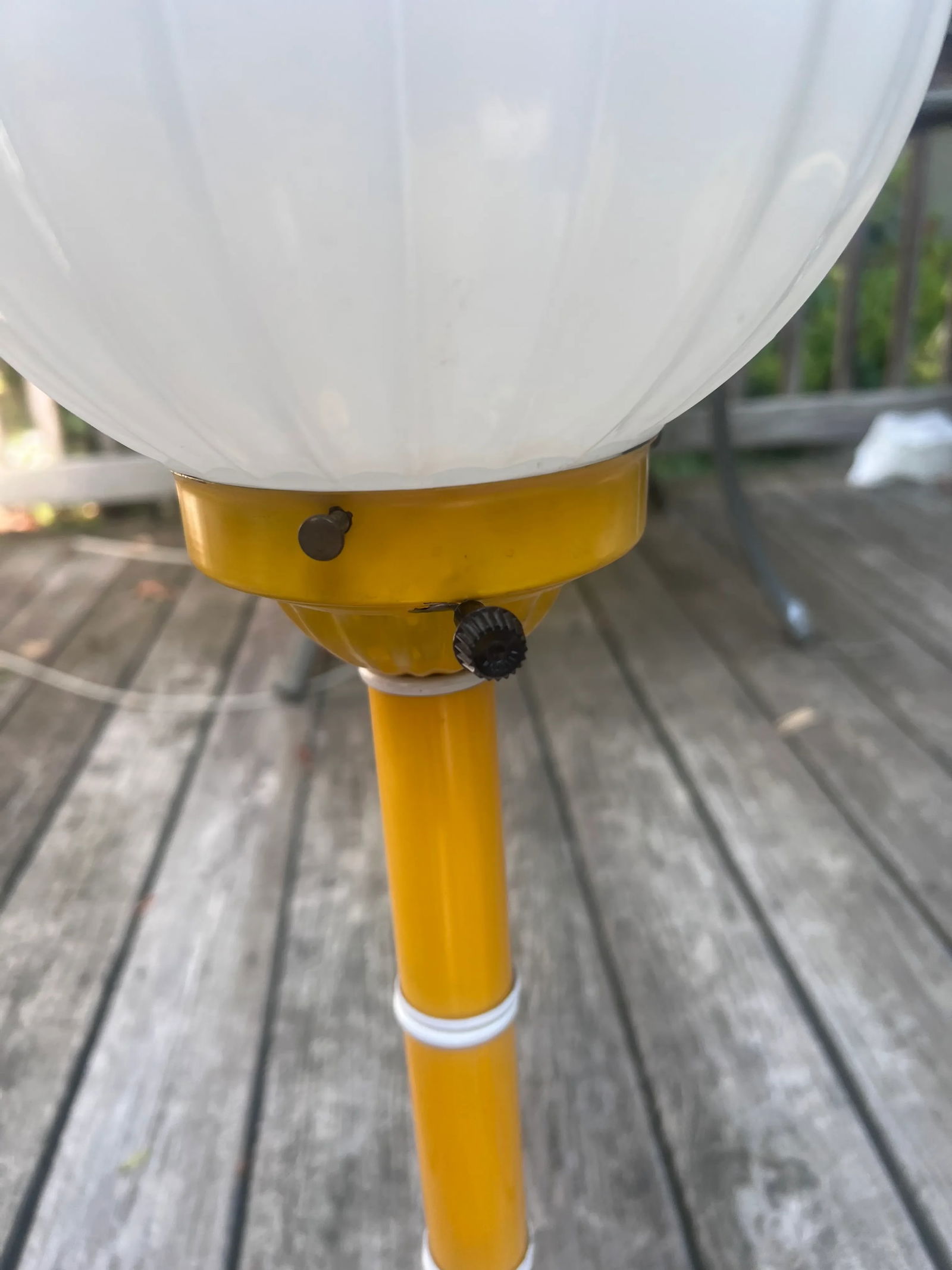 1970s Mid-Century Modern Yellow Table Lamp, Domed Wicker Shade With Large White Globe Housing Inside - 6