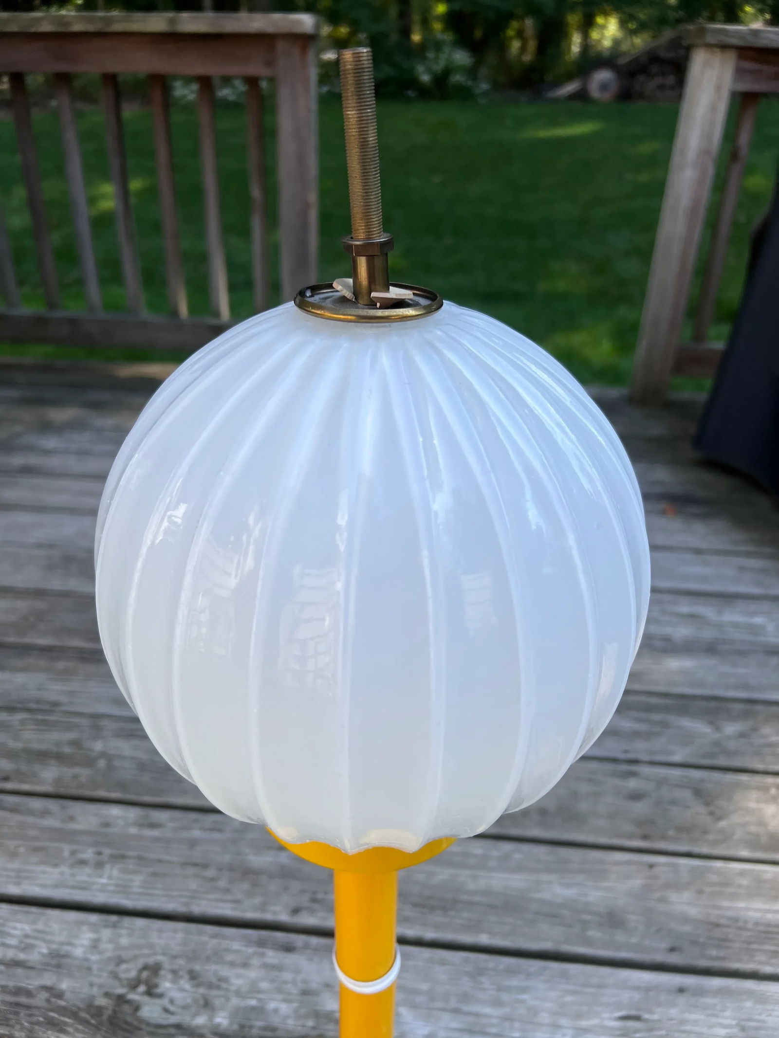 1970s Mid-Century Modern Yellow Table Lamp, Domed Wicker Shade With Large White Globe Housing Inside - 9
