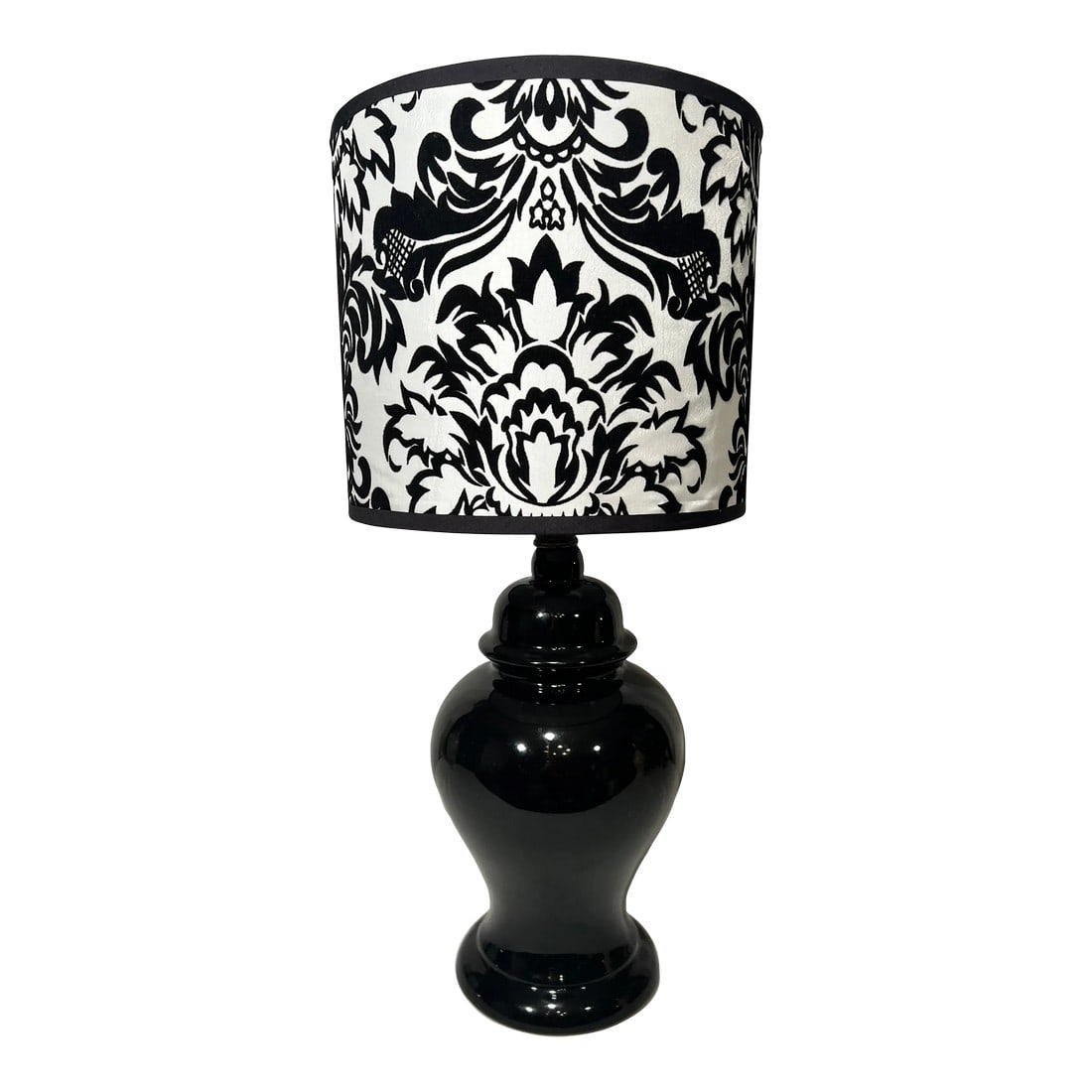 Vintage Black Ginger Jar Style Table Lamp With Shade: Presenting to you the perfect little black ginger jar lamp with the most wonderful silver and black velvet damask shade. Let this ginger jar lamps light shine in the perfect setting In your home. 