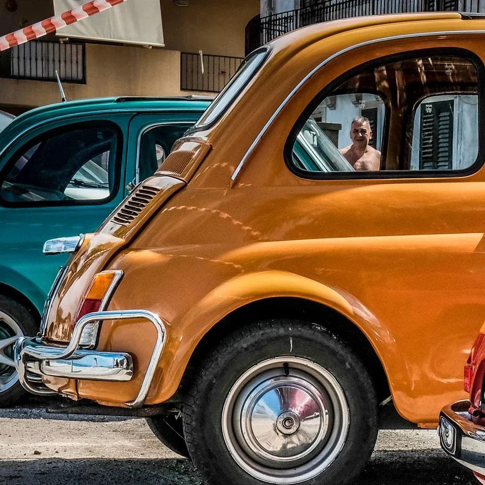 2019 "Red & Yellow Fiat 500" Contemporary Color Photography, Metal Digital by Maria Grazia Facci - 2