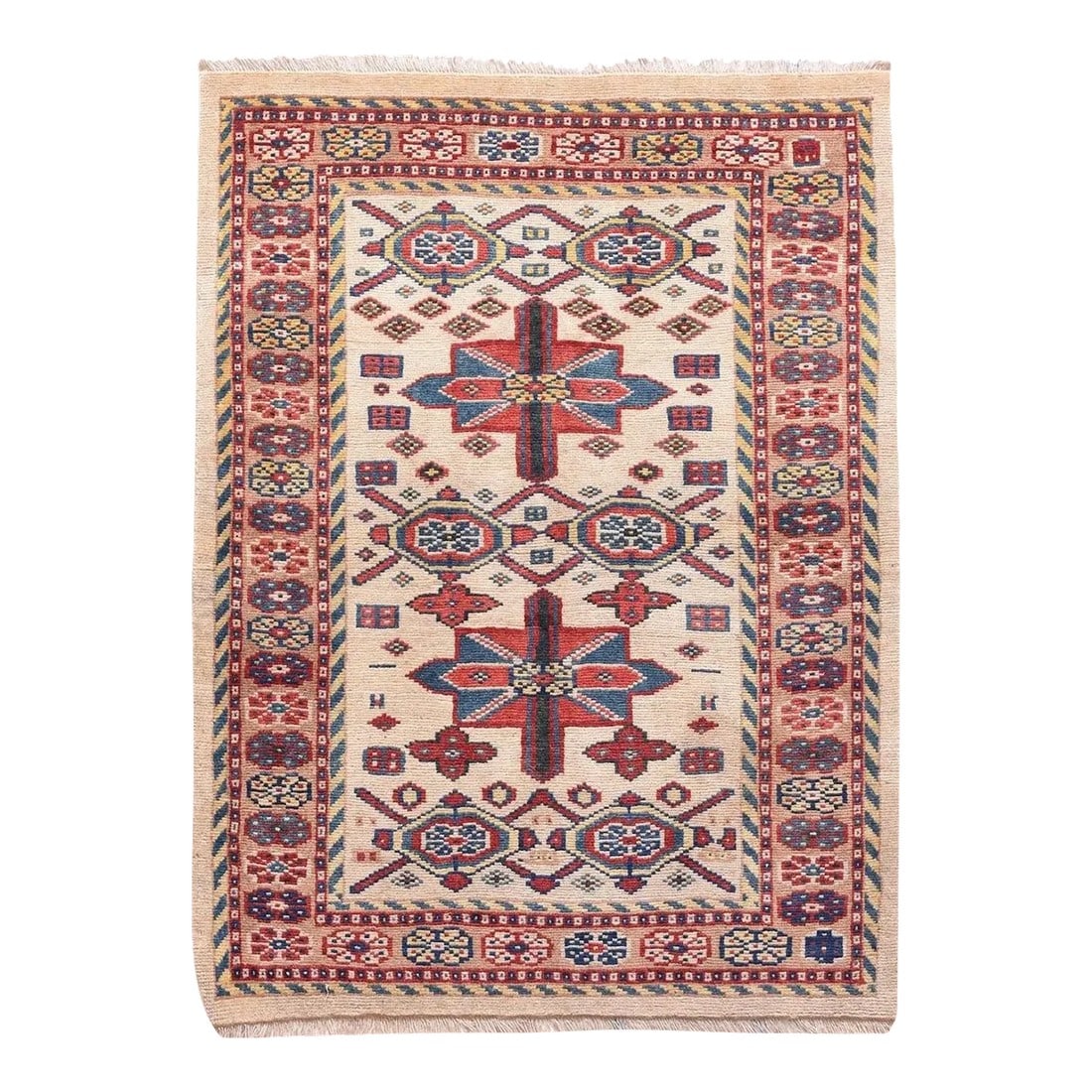 Varamin Rug 3'9'' x 4'10'': In the Karaja manner, but much more evenly woven, this attractive scatter shows two pointed rectangles in red and blue, on an ecru ground, with secondary rows of flattened, rosette centred octagons.