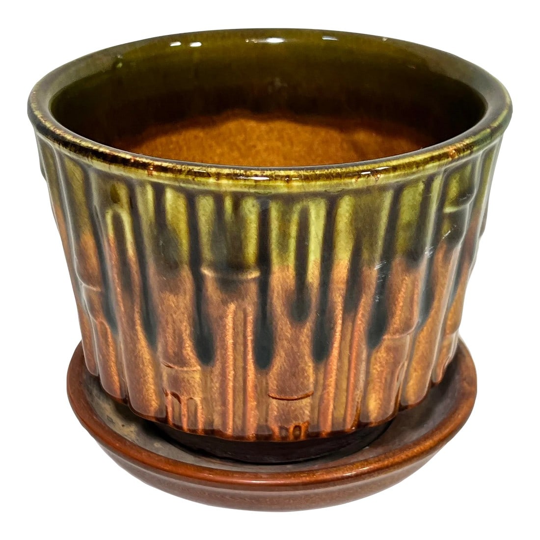 Vintage McCoy Pottery Drip Glazed Faux Bamboo Planter: This is a Vintage McCoy Bamboo planter with a beautiful majolica style drip glaze in luscious greens and browns. Condition: Alterations: Original Condition Unaltered Imperfections: Some Imperfections
