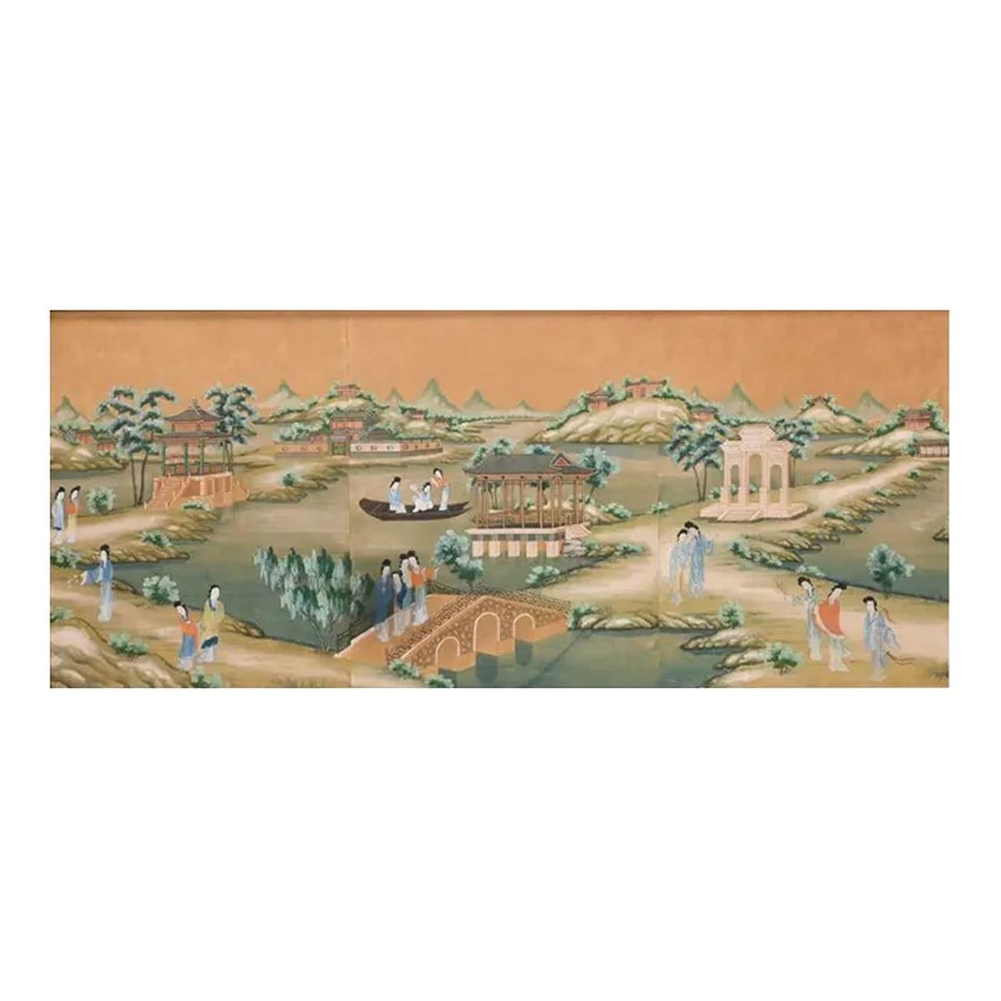 Large Framed Chinese Watercolor Panel: A vintage large framed Chinese watercolor panel that invites viewers into a tranquil realm of timeless beauty and cultural richness. This exquisite artwork unfolds a picturesque scene of delicate