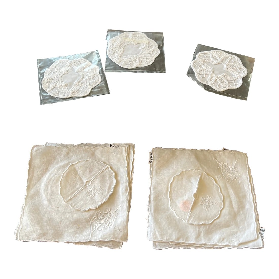 1970s Battenburg Linen Napkins Lace Dollies Set of 11: 8 square and 3 round Battenberg lace is a type of tape lace. It is of American origin, designed and first made by Sara Hadley of New York. This American lace was named either in honor of the wedding