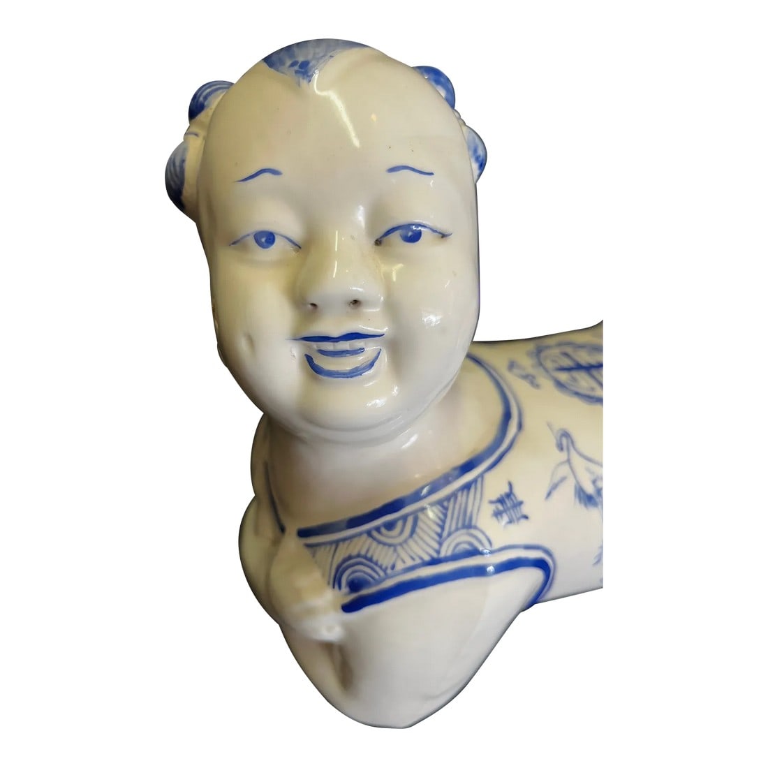 Asian Blue and White Pillow Rest: Large decorative Asian pillow rest with extensive decoration and a signature on it's belly. Condition: Alterations: Original Condition Unaltered Imperfections: Some Imperfections Condition Notes: