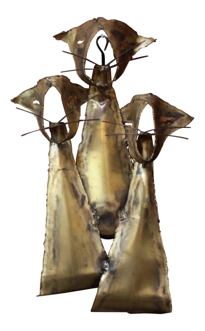 Brutalist Torch-Cut Brass 'Cats' Wall Sculpture: Mid-Century Modern 'trio of cats' sculpture in torch-cut sheet brass with soldered whiskers. Very nice patina and age. Condition: Alterations: Original Condition Unaltered Imperfections: Some