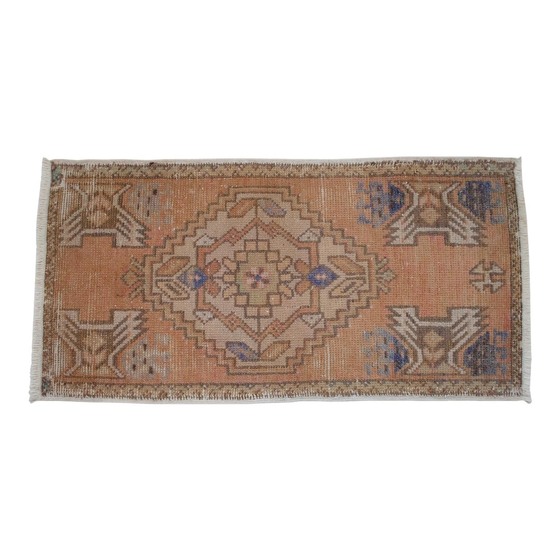 Distressed Low Pile Turkish Yastik Faded Rug - 1'6'' X 3': Vintage Oushak Rug Small 2x3 Hand-Knotted Turkish Mat Peach Terracotta 1960s This vintage Oushak rug showcases a sun-drenched, faded aesthetic that perfectly captures the soulful charm of