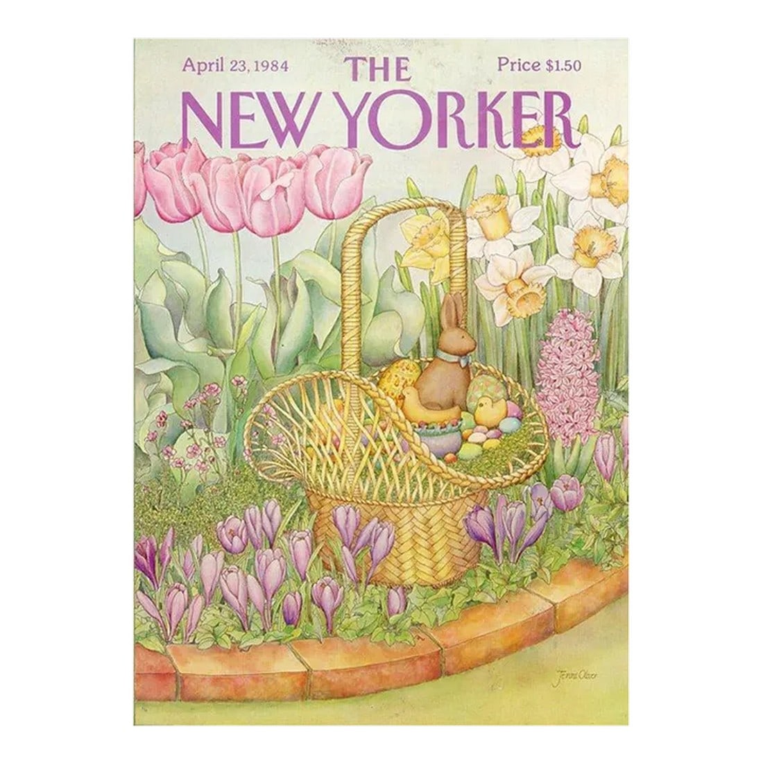 1984 Vintage New Yorker Cover, April 23 (Jenni Oliver), Original New Yorker Magazine Cover, Easter: Original vintage New Yorker magazine cover dated April 23, 1984 featuring an Easter theme. Based on an illustration by Jenni Oliver (1944-2015). This is an authentic New Yorker magazine cover - not a