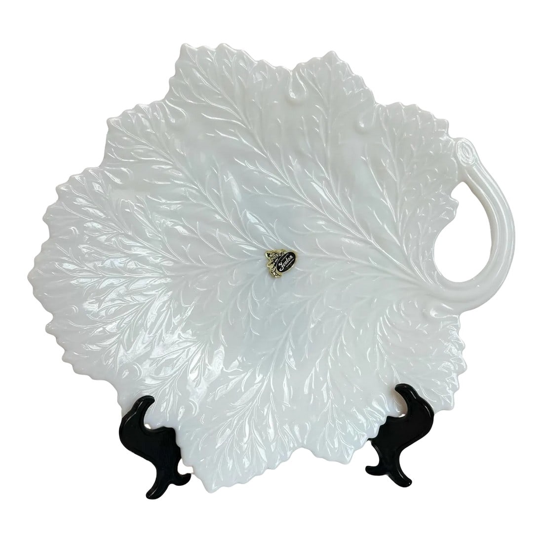 Fenton Milk Glass Handled Leaf Platter: Vintage Fenton Platter Leaf outline with embossed veining Stem-shaped as handle for this lovely serving platter in time tested milk glass. Meets well for everyday use or special occasions. Serveware