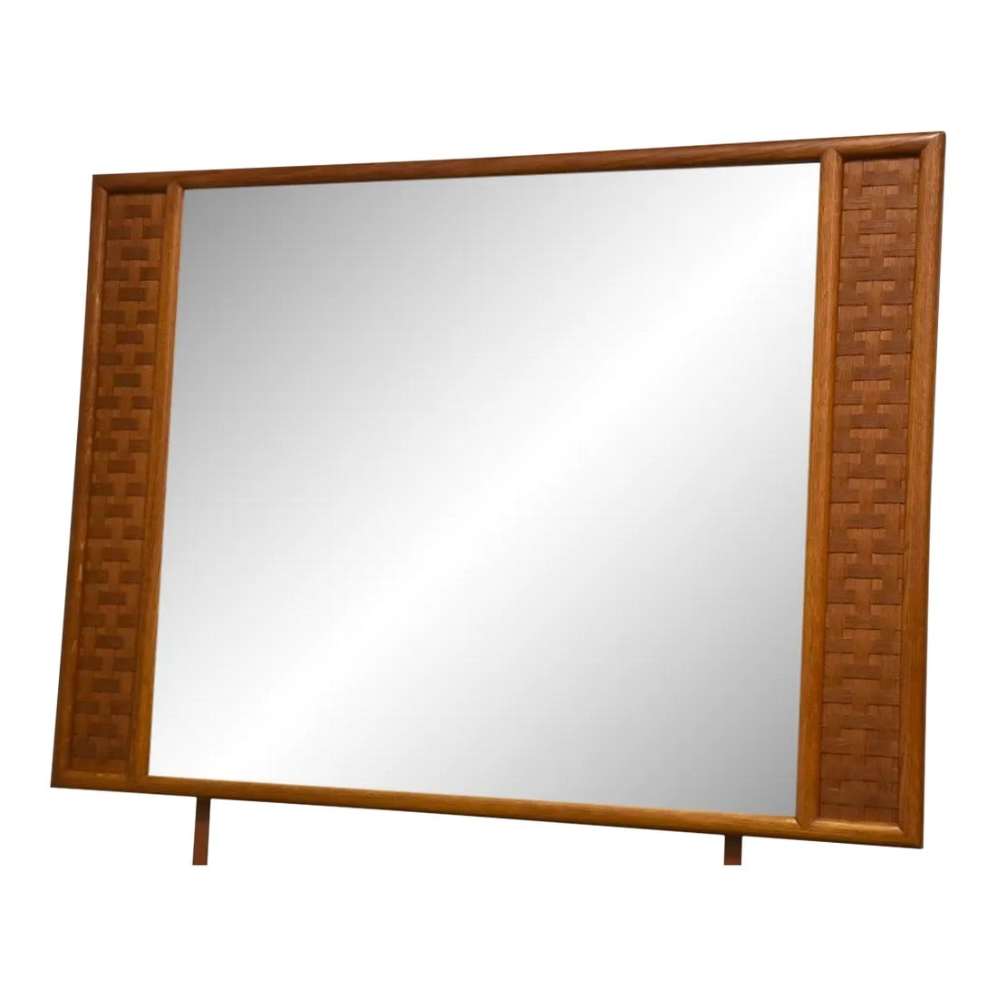 Lane Perception Oak Mirror: A mid century modern oak basket weave mirror made by Lane Furniture for the Perception line. Teak color finish. Metal bars can be removed or left to attach to a dresser. Condition: Alterations: