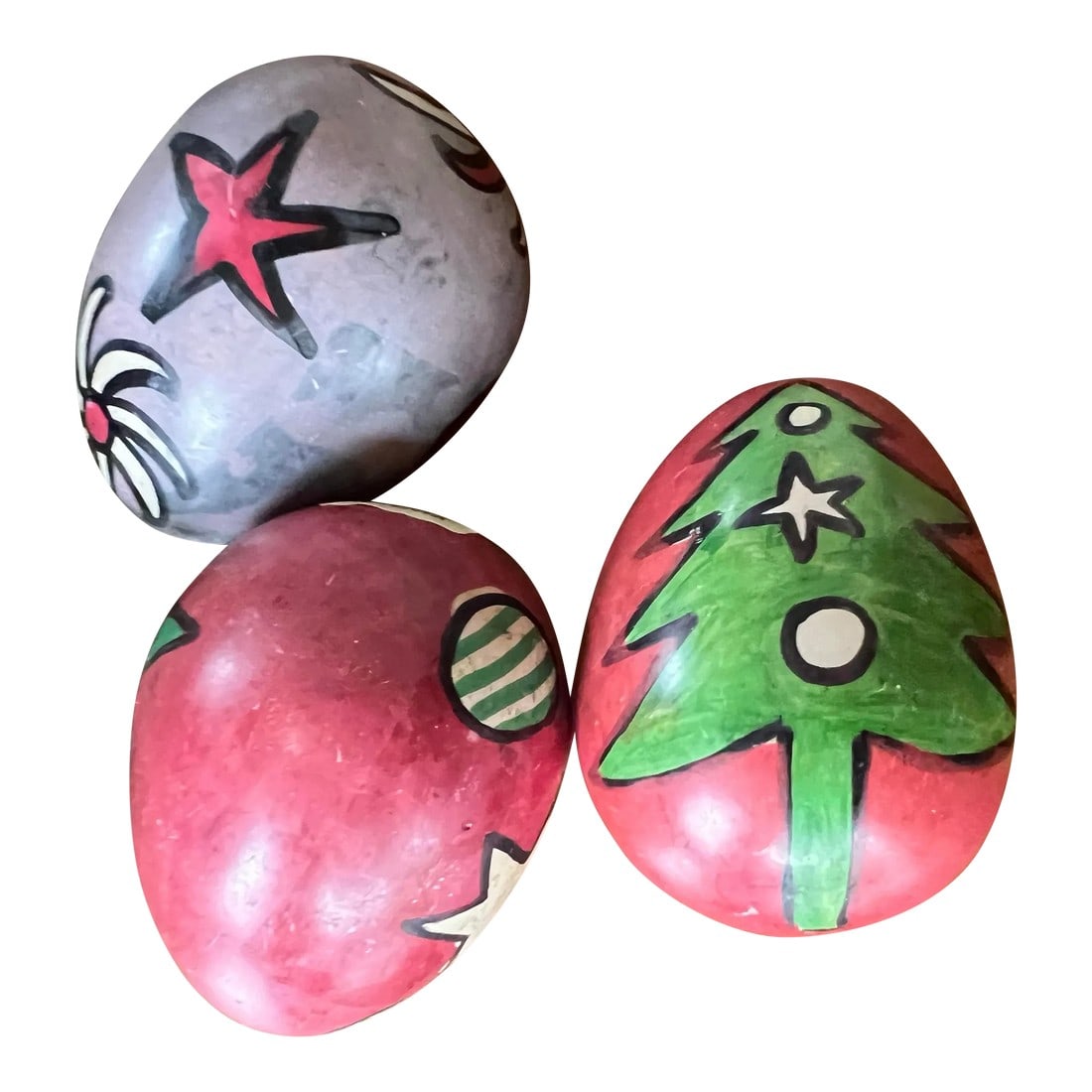 1970s Hand Painted African Stone Eggs - Set of 3: Up for consideration is a beautiful set of painted stone eggs in a Christmas design. These would look lovely in your home during the holidays and they are a great find for the interior design