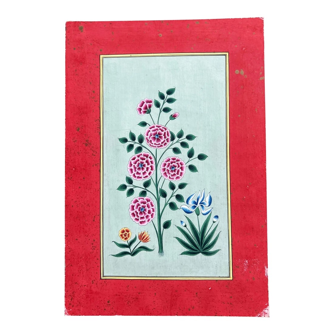 Vintage Indian Mughal Art Flower Painting: This art work is taken from the stone -inlay work of Mughal monuments . This painting is made on handmade Basali paper with natural colors, paints are used with fine single hair squirrel brushes. 