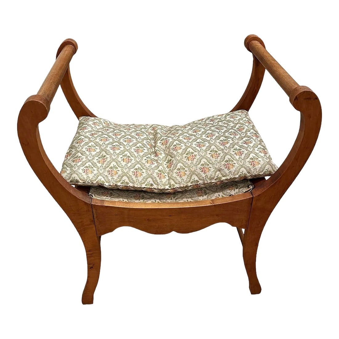 Antique Victorian Bustle Chair Maple: Antique Victorian Bustle Chair or Bench. Graceful curves-shaped legs with scroll arms-the design inspired from the musical lyre. The hardwood has aged a rich golden colour and patina. A stylish and