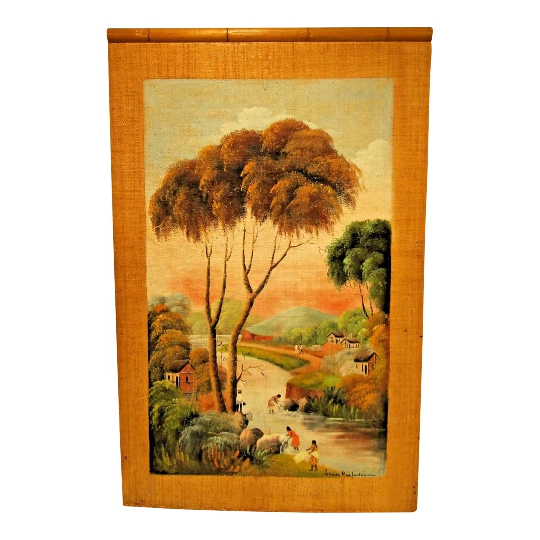 Framed Antique Madagascar Landscape Painting on Fabric by Louise Ravalantsiman (1 of 7)