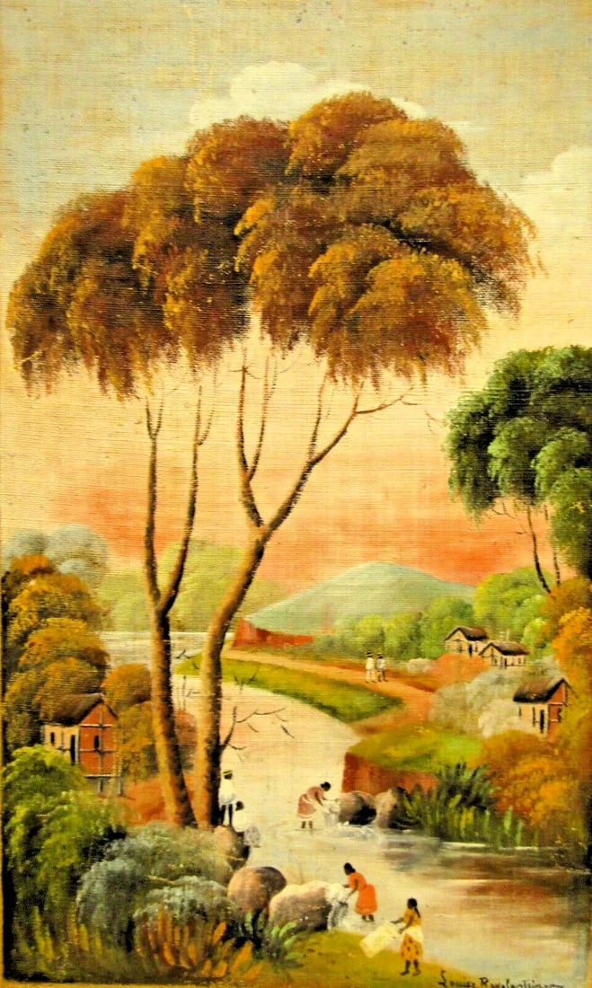 Framed Antique Madagascar Landscape Painting on Fabric by Louise Ravalantsiman - 2