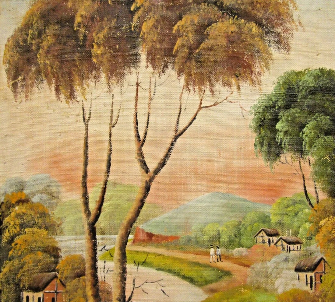 Framed Antique Madagascar Landscape Painting on Fabric by Louise Ravalantsiman - 4