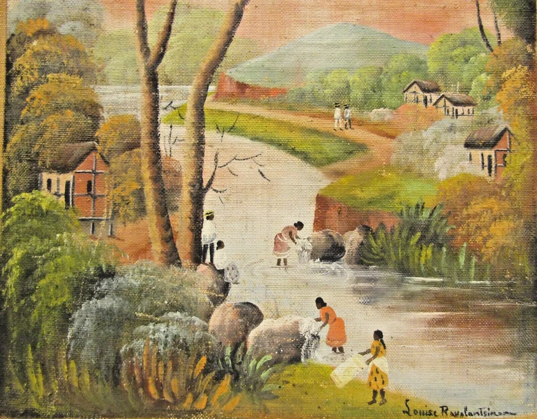 Framed Antique Madagascar Landscape Painting on Fabric by Louise Ravalantsiman - 5