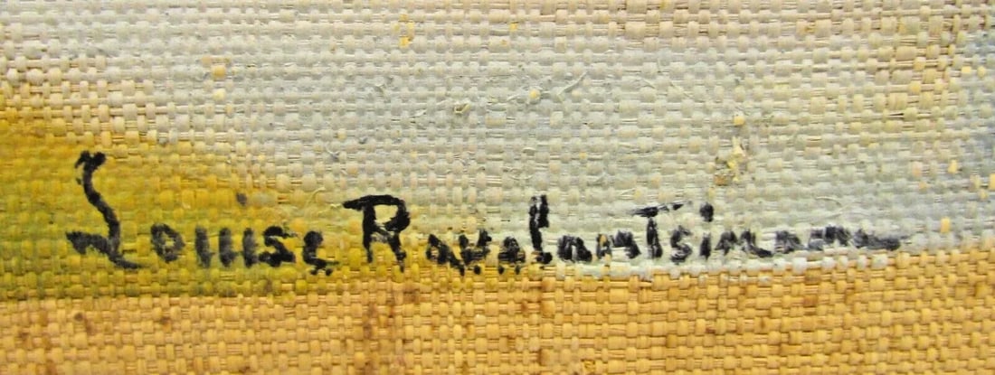 Framed Antique Madagascar Landscape Painting on Fabric by Louise Ravalantsiman - 6