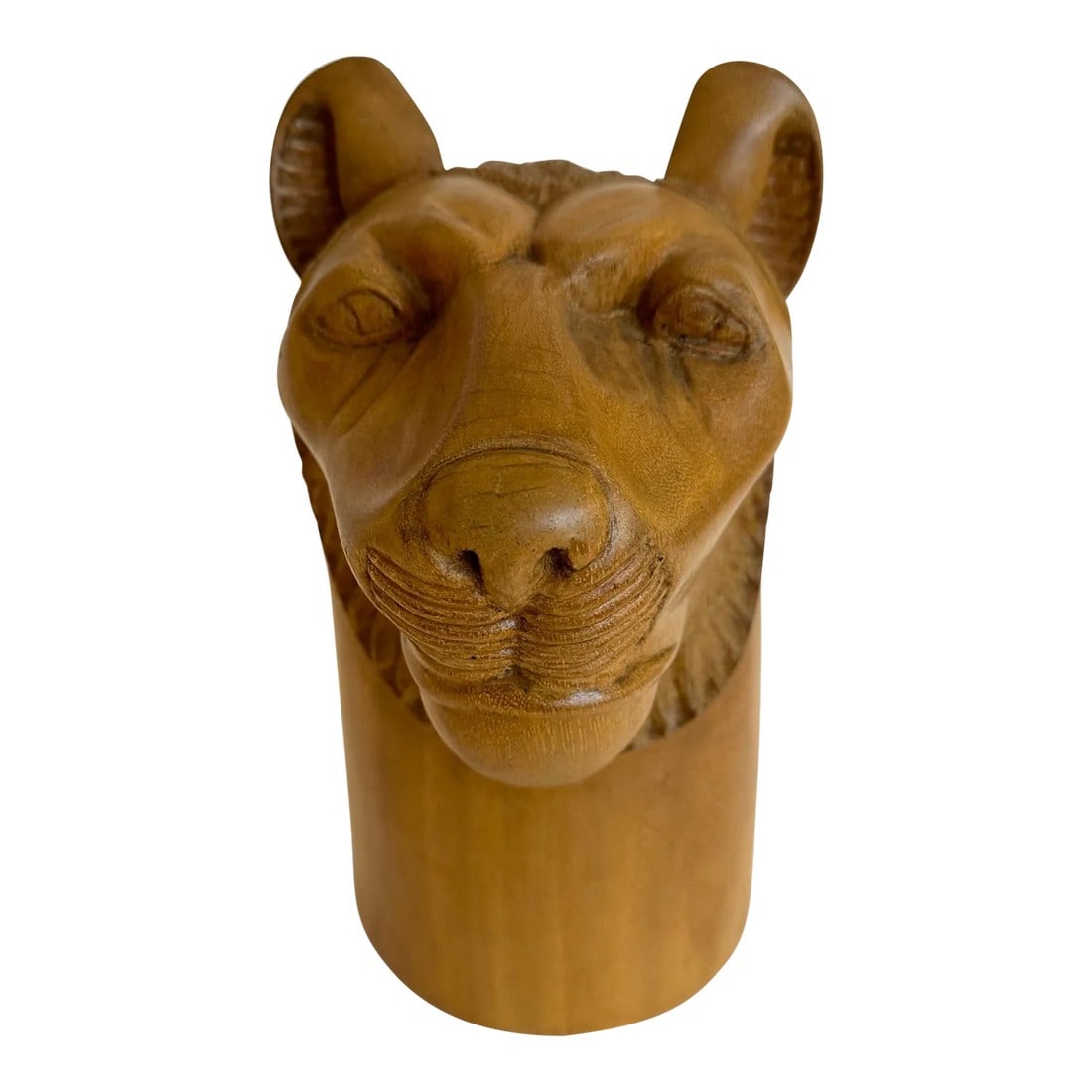 Carved Wood Sculpture of a Tiger's Head: Powerful carved wood sculpture of a tiger's head. Condition: Alterations: Original Condition Unaltered Imperfections: Some Imperfections Condition Notes: Good. Wear consistent with age and use. 