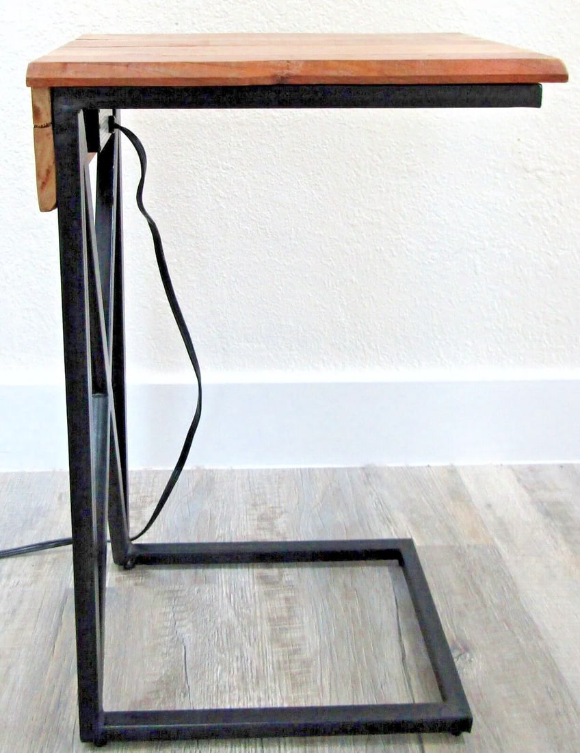 Acacia Live Edge Wood Side Table With Black Iron Frame Electrical Usb Outlets - 4