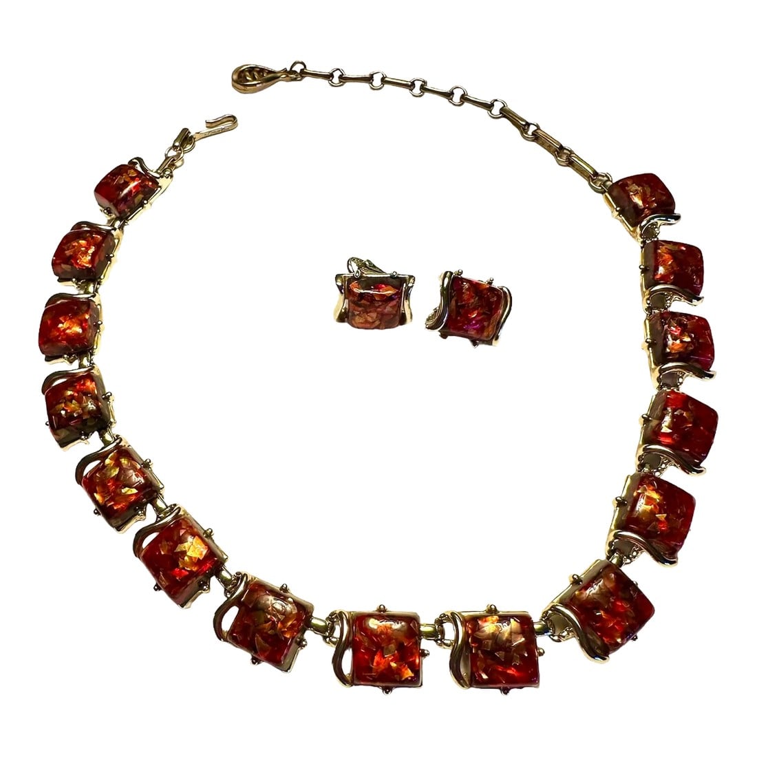 Vintage 1950's Coro Autumn Lucite Confetti Burnt Necklace and Earrings Set Orange Gold Flakes - 3 Pi: Confetti Fashion Design by Coro Square Cocktail Retro Costume Necklace with earrings set. Lucite square bling with orange, red, green flash and gold flakes. Sit atop quality foundation of gold in