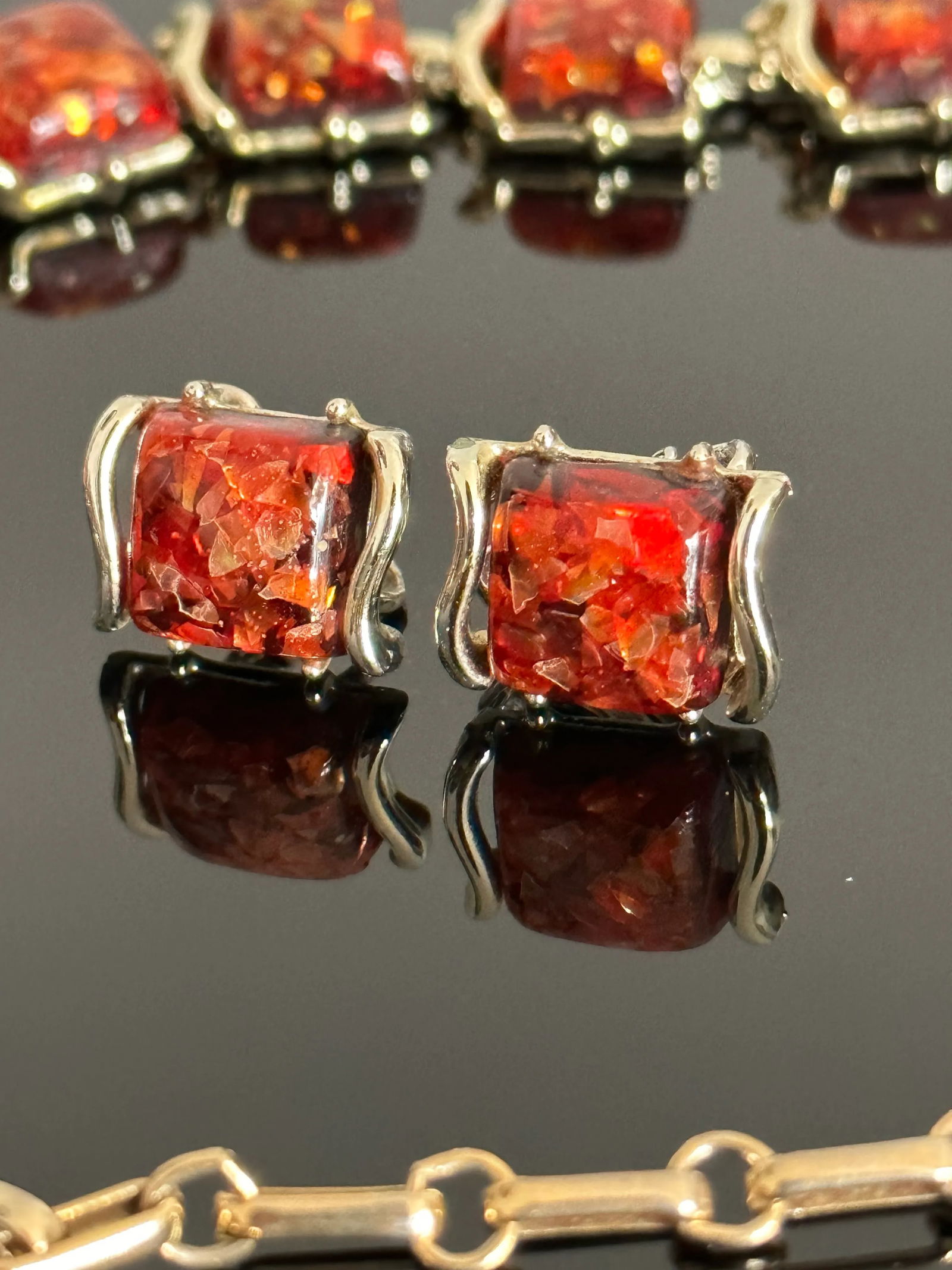 Vintage 1950's Coro Autumn Lucite Confetti Burnt Necklace and Earrings Set Orange Gold Flakes - 3 Pi - 3