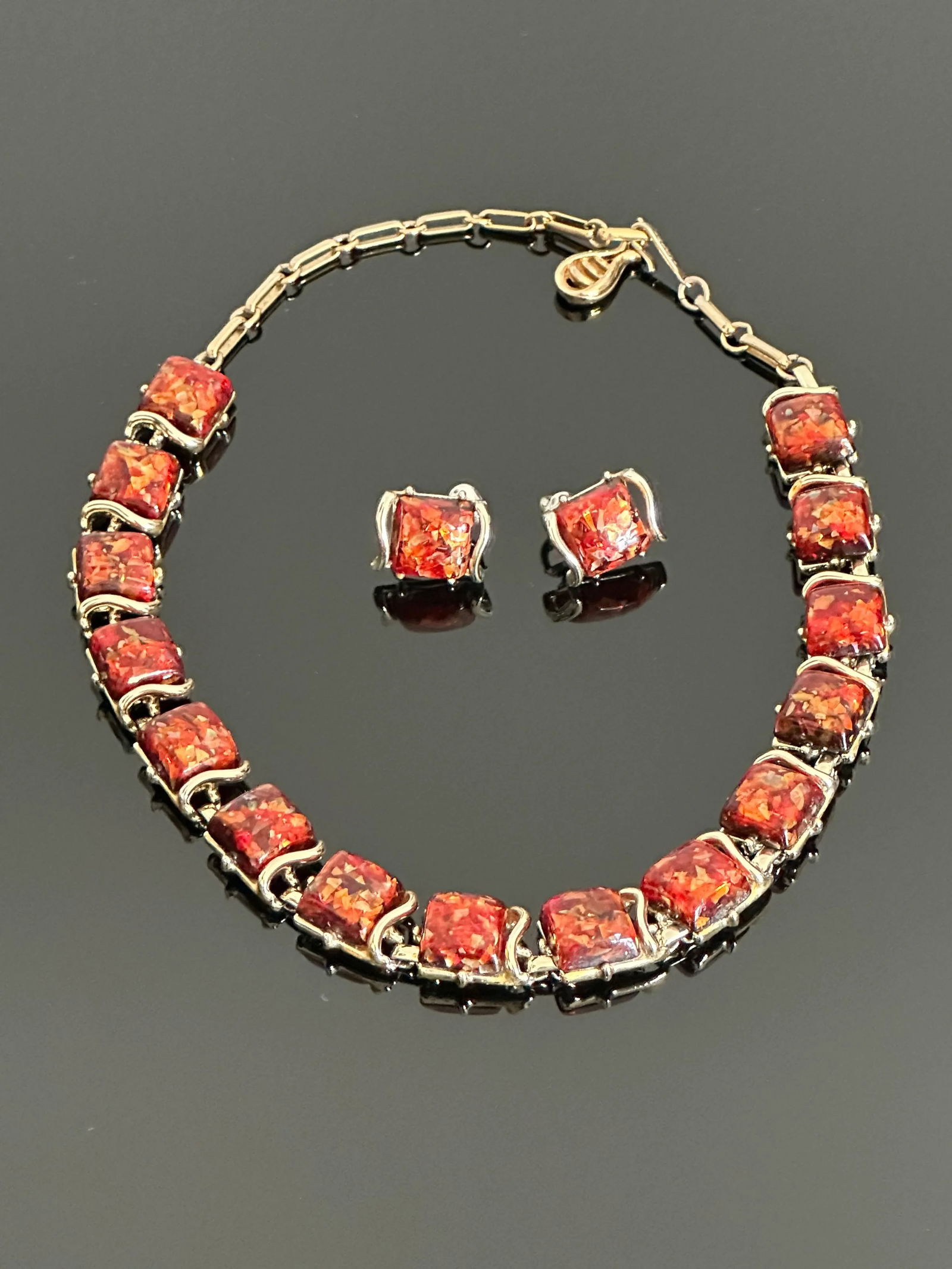 Vintage 1950's Coro Autumn Lucite Confetti Burnt Necklace and Earrings Set Orange Gold Flakes - 3 Pi - 4