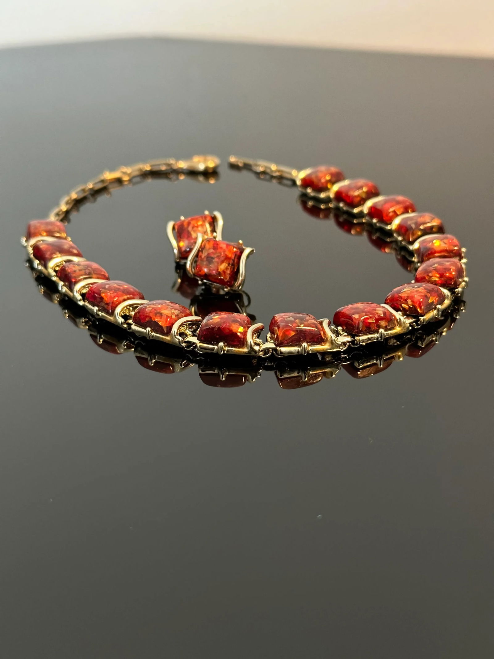 Vintage 1950's Coro Autumn Lucite Confetti Burnt Necklace and Earrings Set Orange Gold Flakes - 3 Pi - 5