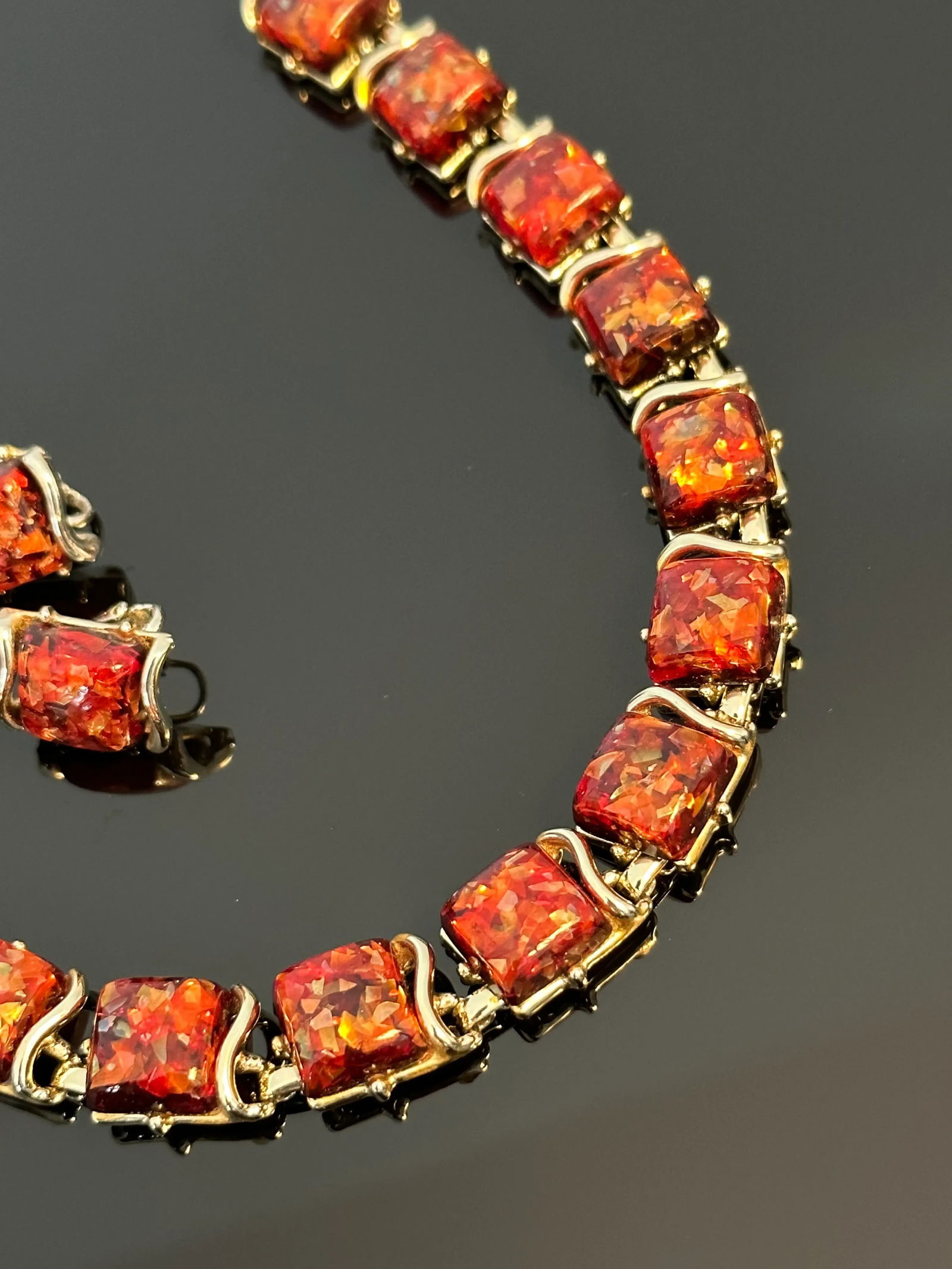Vintage 1950's Coro Autumn Lucite Confetti Burnt Necklace and Earrings Set Orange Gold Flakes - 3 Pi - 6
