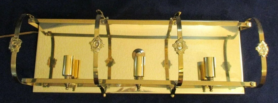 Vintage Brass Three Light Cage Floral Medallion Entryway Wall Light Fixture - 2