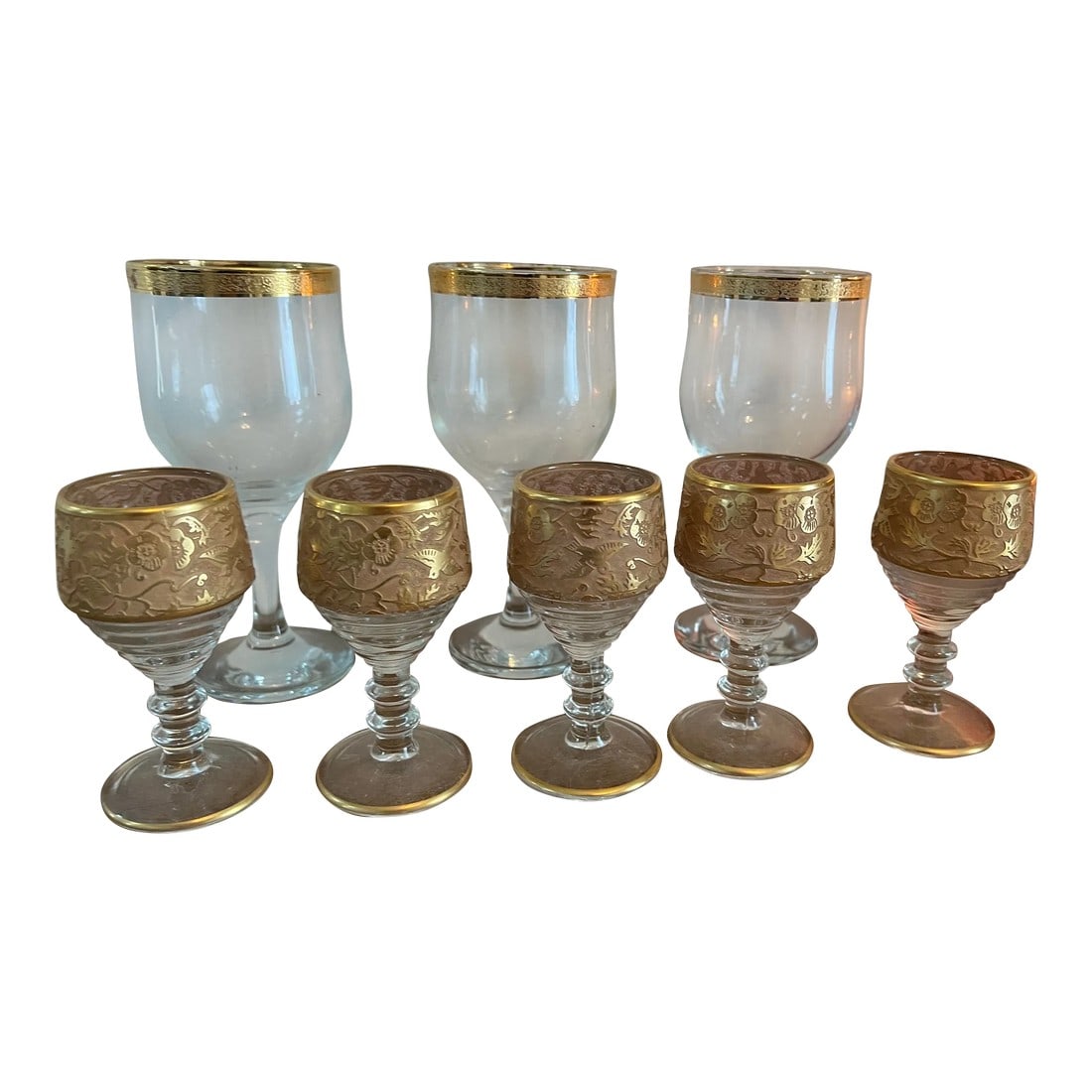 1970s Collection of Glasses With Brass Details - Set of 8: Up for consideration is a beautiful collection of glasses with brass details. These would look lovely in your home and they are a great find for the interior design enthusiast. Please check out my