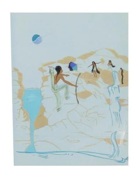 Original Signed "Rock Climbing at the Waterfall" by Nadine Marler (20th C.) Cherokee, 1970 - 2