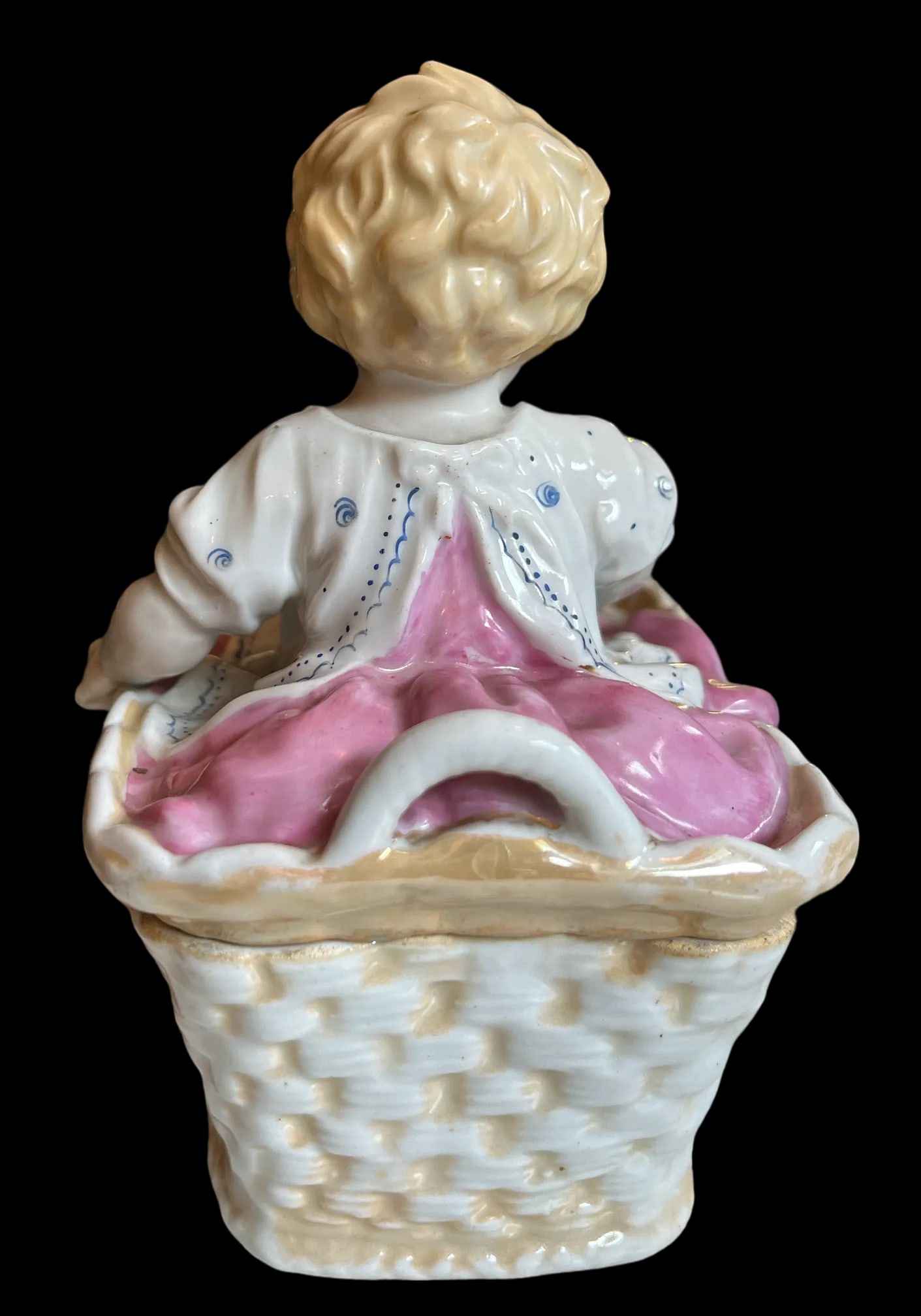 Antique 1880s Porcelain Fairing Trinket Memento Box Baby in Basket - 4