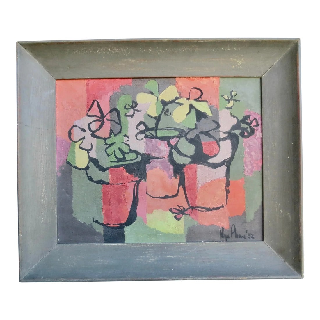 French Indo-Chine Artist Nye Phai Abstract Still Life Painting 1952: Terrific composition of floral pots in red and green. Quite a well-done artwork from the mid-century. a fully envisioned still-life of three potted flowers in a field of red and green vertical