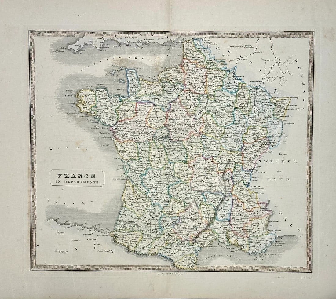 1837 France Map From Alan Bell's a New General Atlas, London: Original engraving from "New General Atlas" published by Allan Bell & Co., in London, 1837. Dimensions: 14 1/2 x 20" Condition: Alterations: Original Condition Unaltered Imperfections: Some