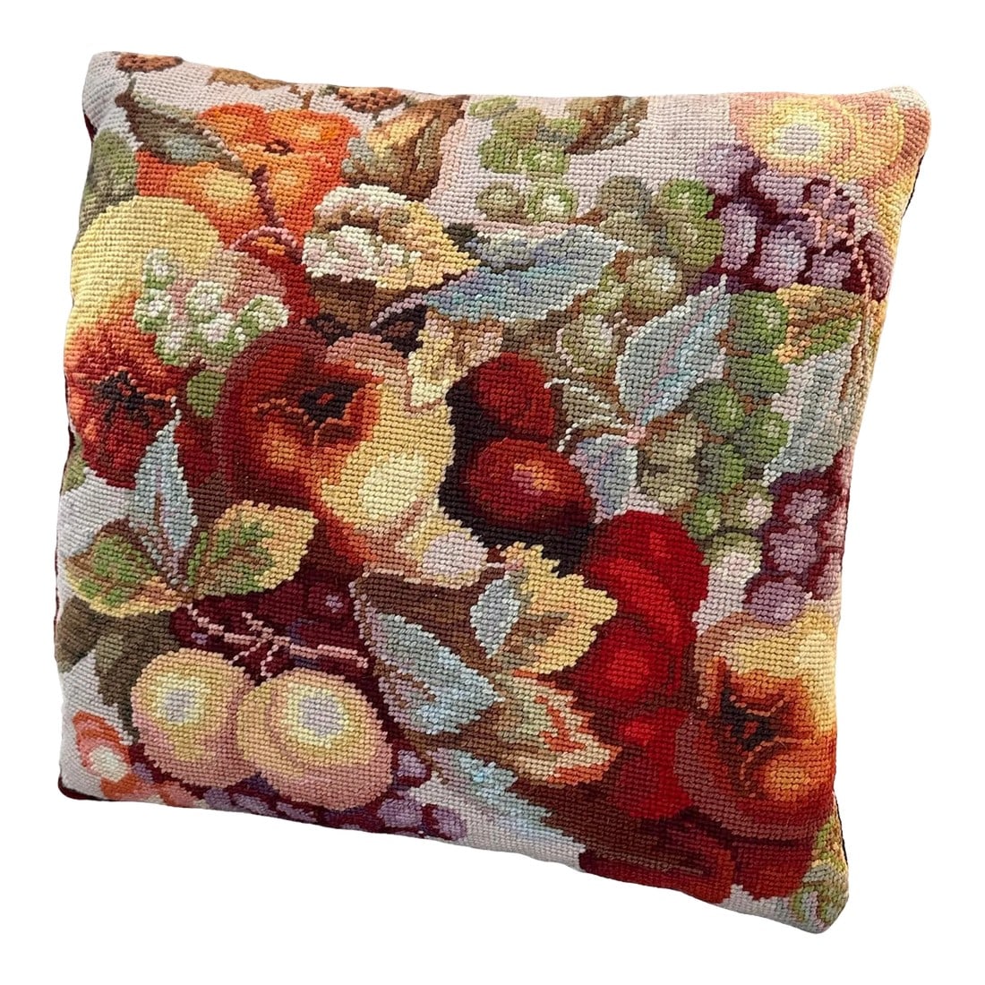 Vintage Hand Sewn Needlepoint Pillow with Fruit Motif: Classic and timeless vintage needlepoint pillow. 13.5" x 14" x 4" Fruit designed needlepoint with a rich deep red velvet back. Great vintage condition Hand needlepoint work and sewn by hand to