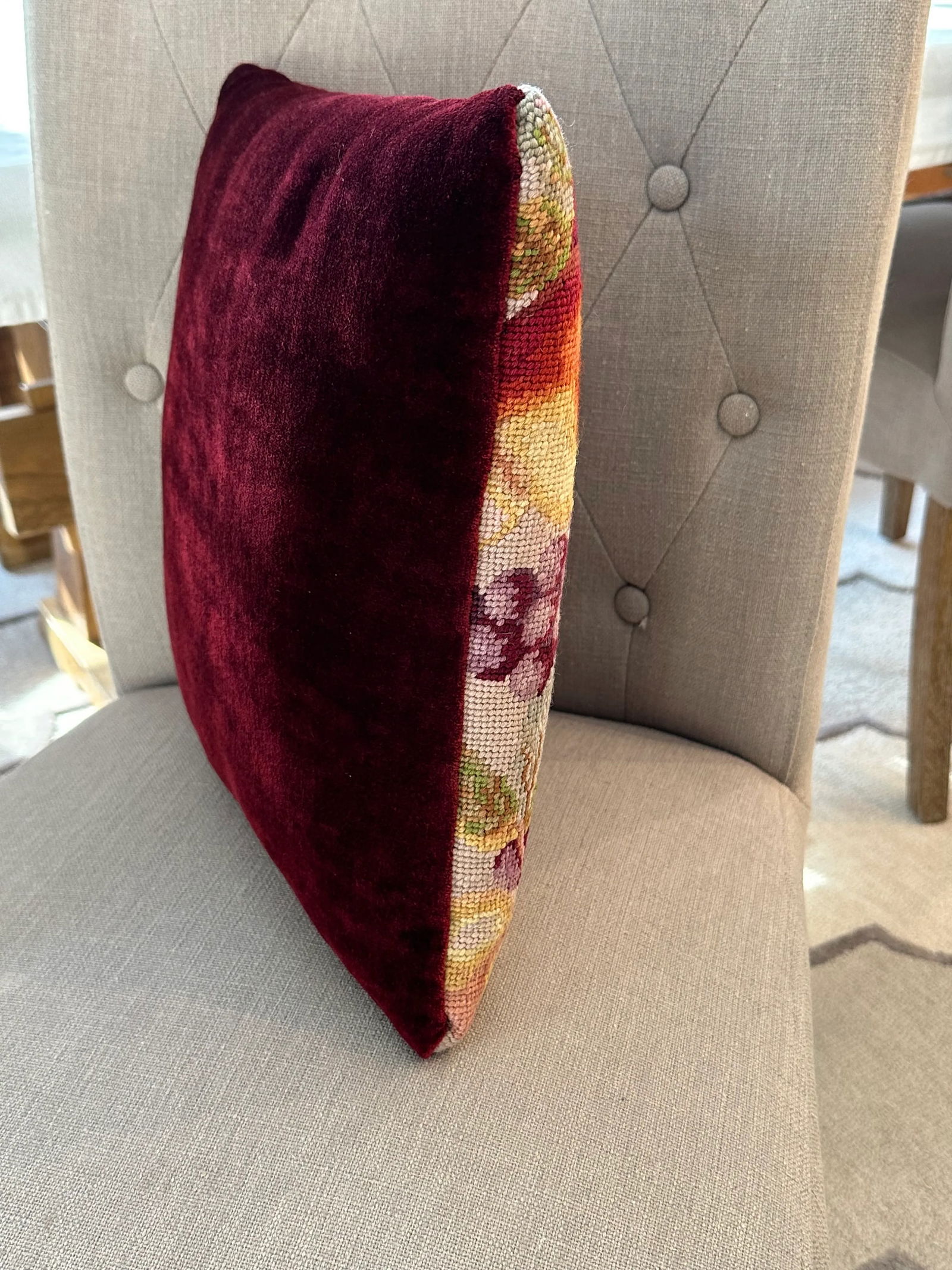 Vintage Hand Sewn Needlepoint Pillow with Fruit Motif - 2