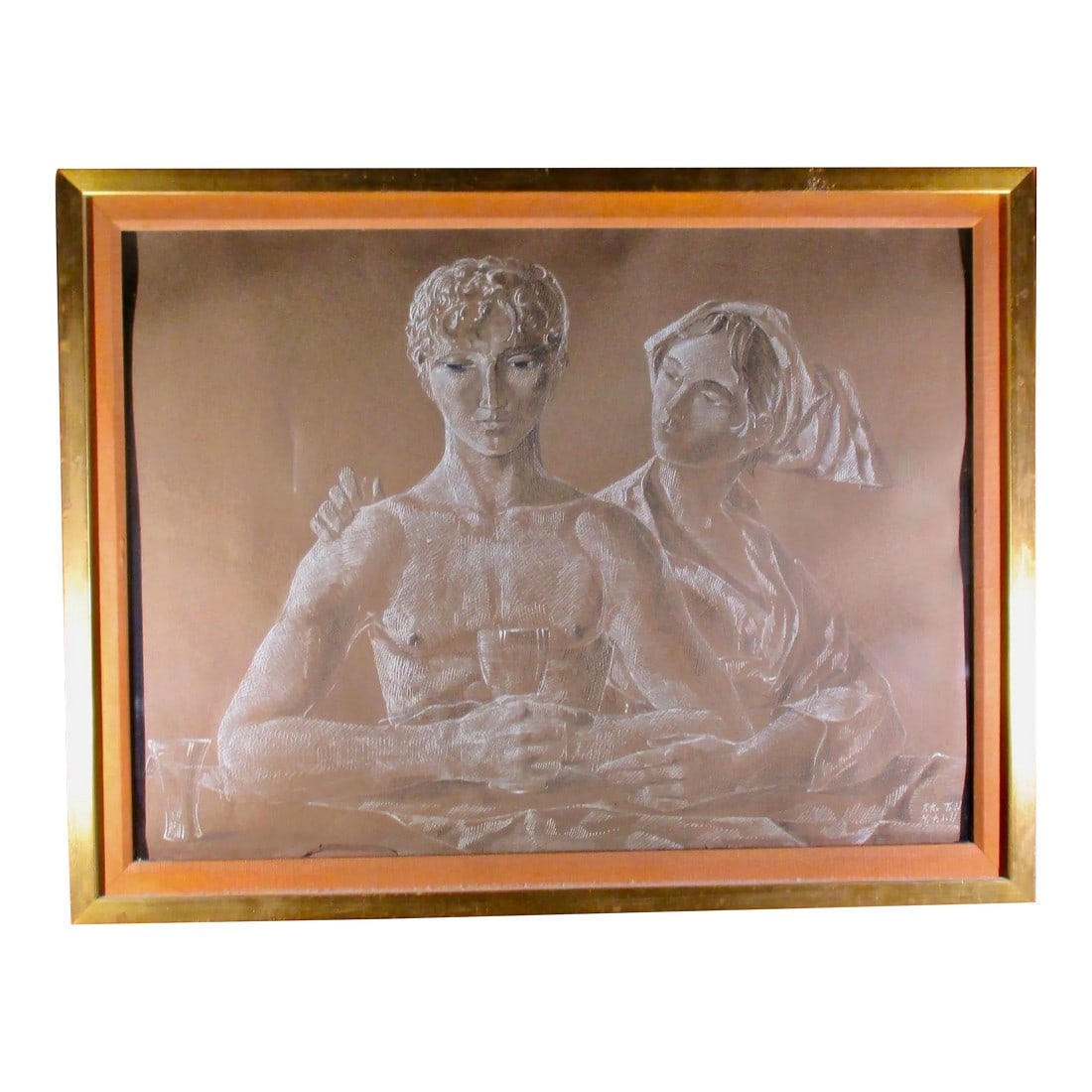 Peter Todd Mitchell Symbolist Drawing: Peter Todd Mitchell (1924-1988) was a Surrealist and Symbolist artist from the mid-century American and Spanish. This image centers on the nude young man with a clothed female by his side. The