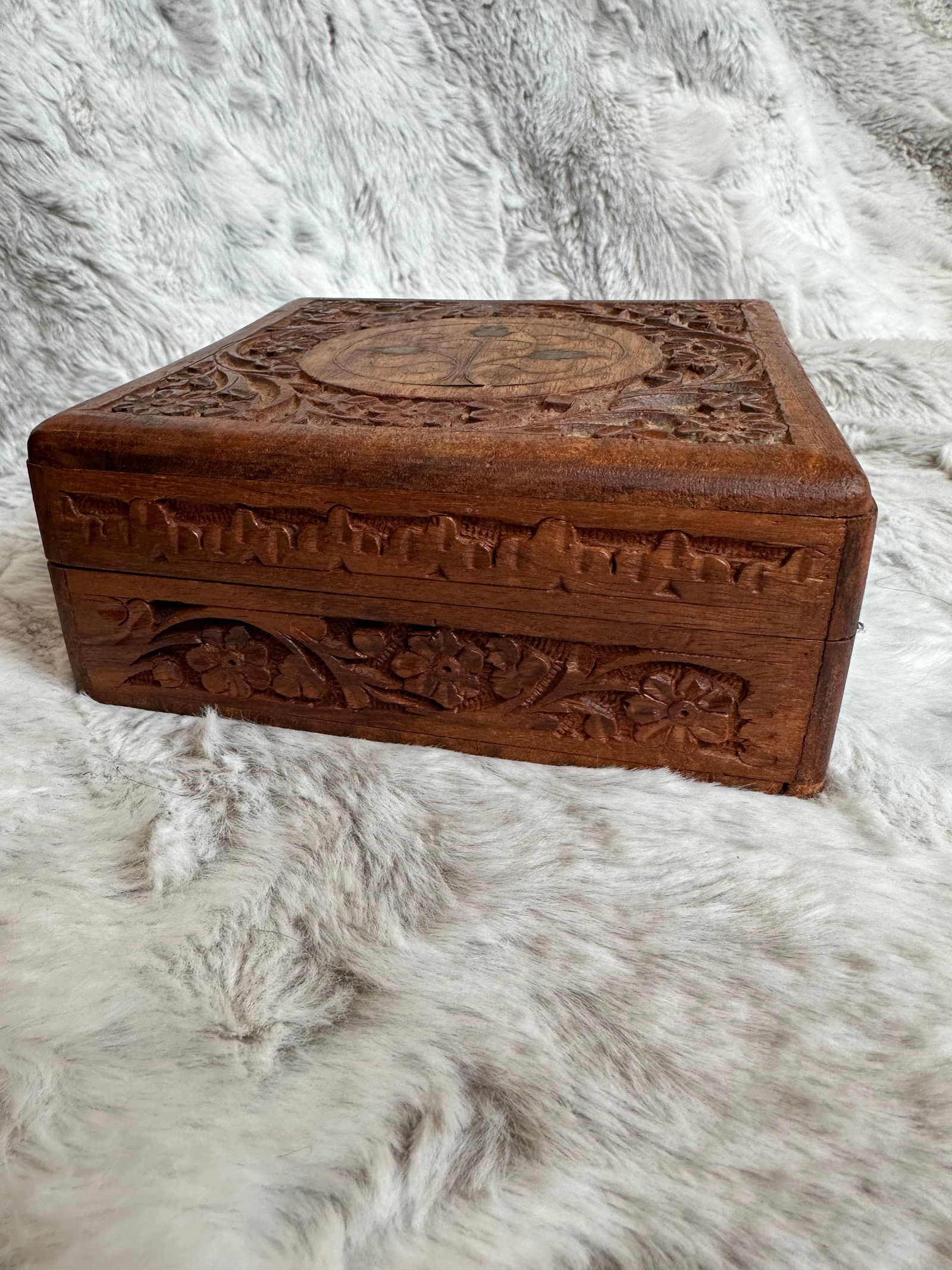 Vintage Hand Carved Wooden Box with Brass Inlay - 10