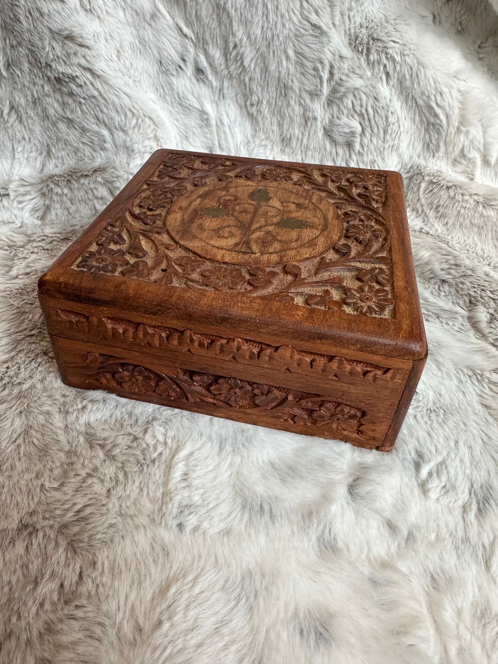 Vintage Hand Carved Wooden Box with Brass Inlay - 11