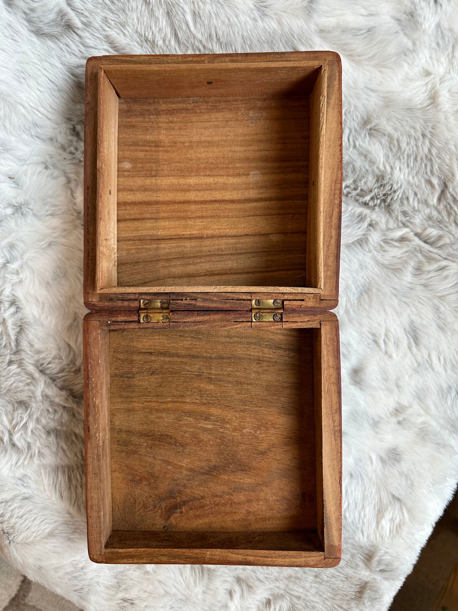 Vintage Hand Carved Wooden Box with Brass Inlay - 12