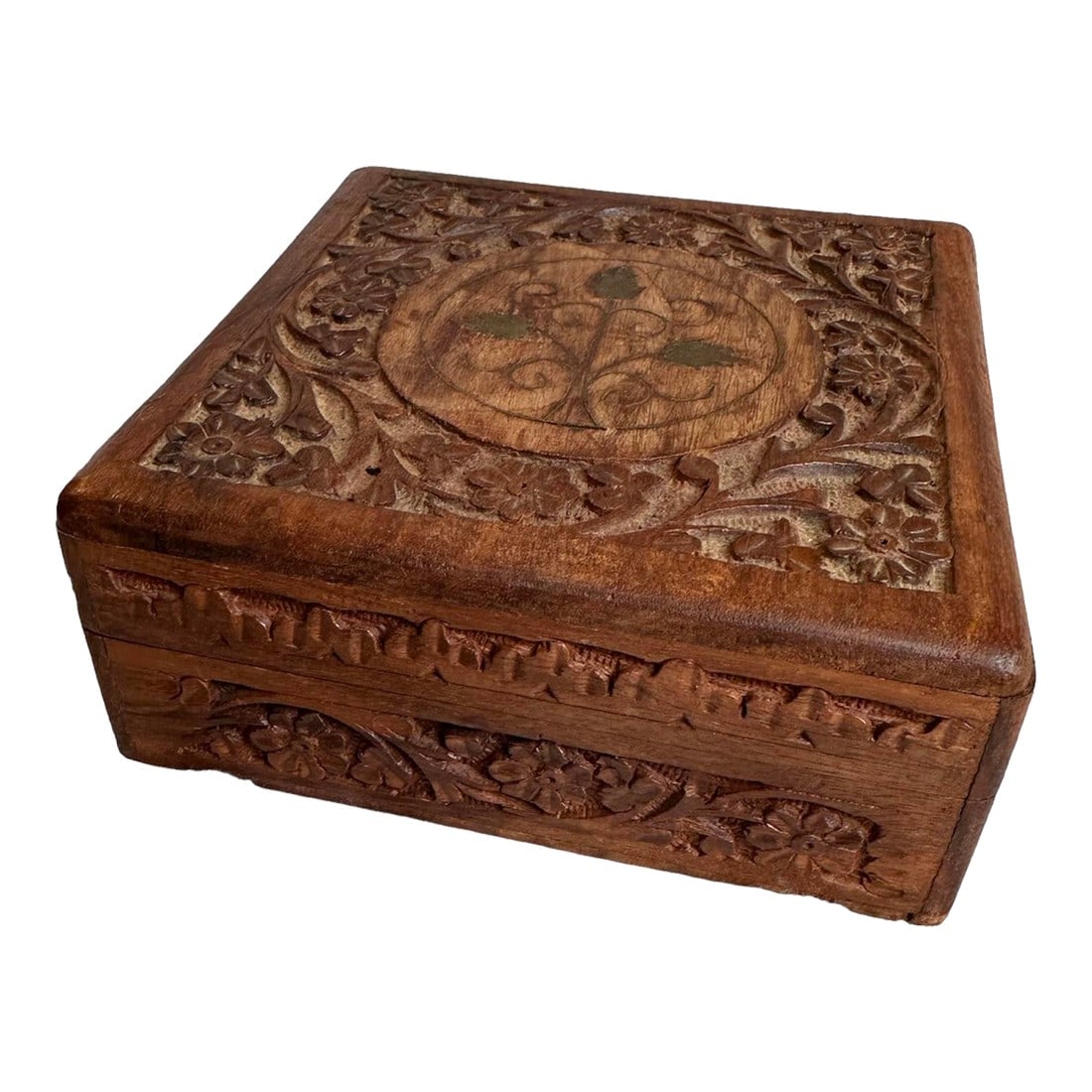 Vintage Hand Carved Wooden Box with Brass Inlay (1 of 12)