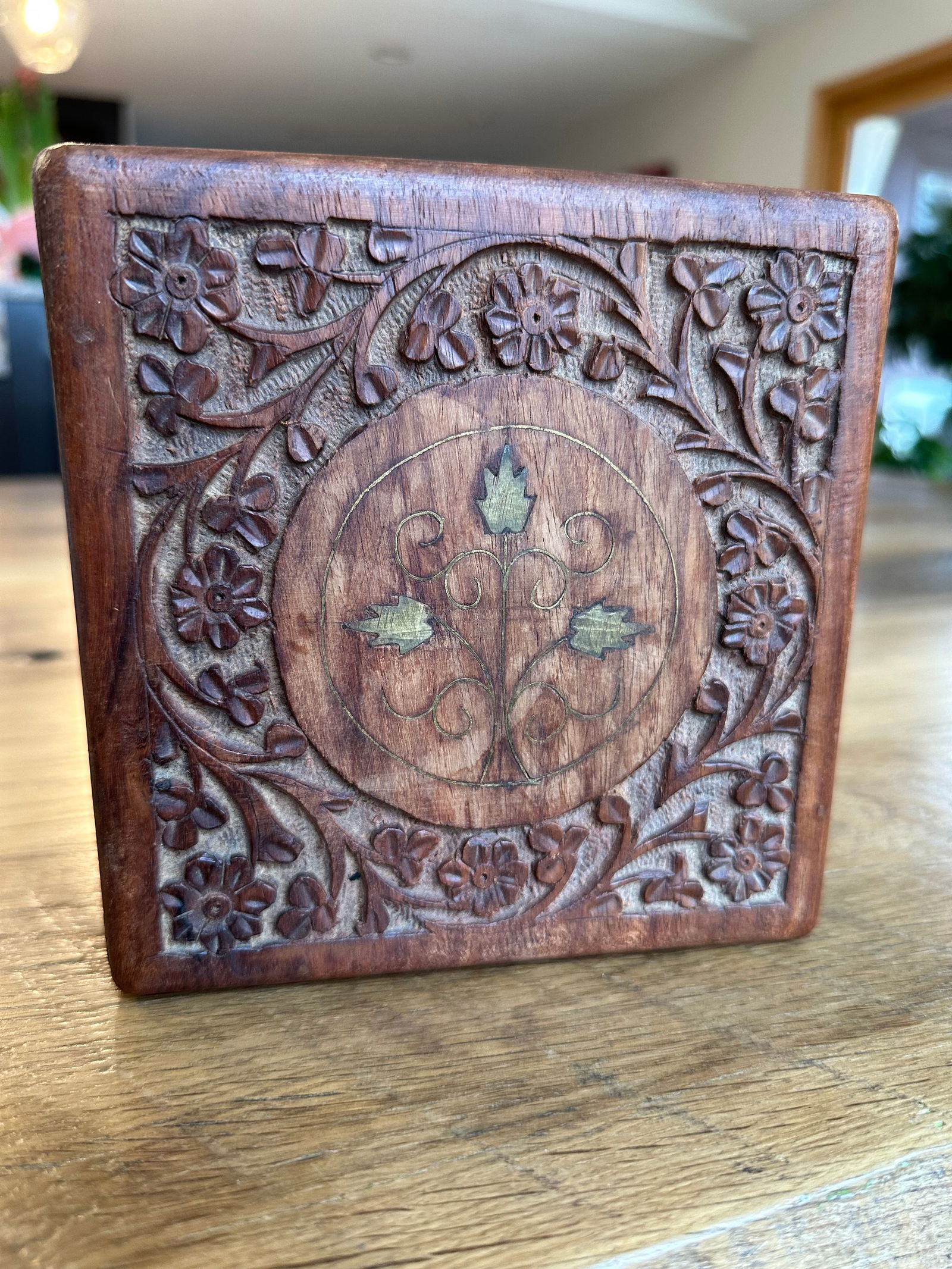 Vintage Hand Carved Wooden Box with Brass Inlay - 2