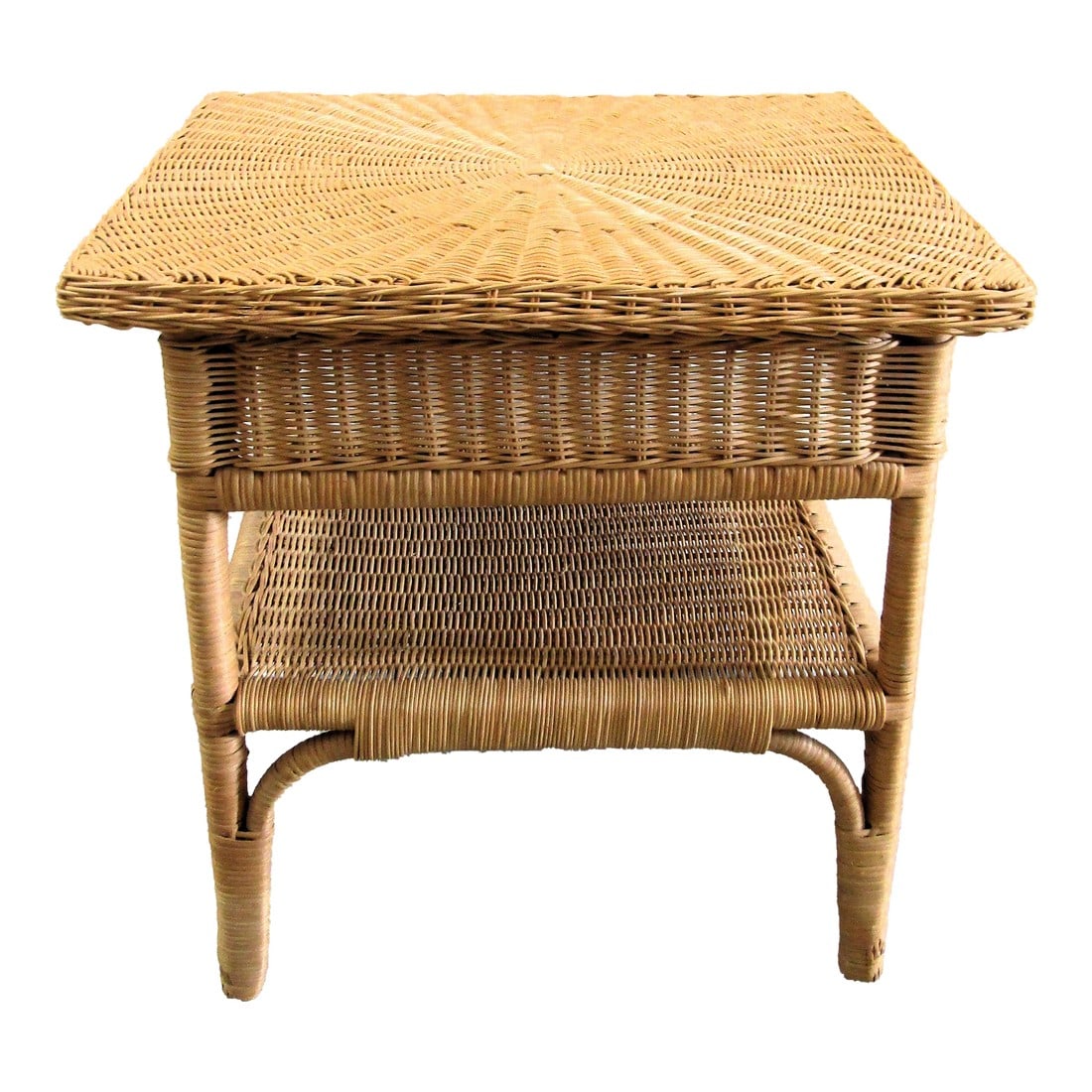1960s Vintage French Country Wicker End Table Side Table With Bottom Shelf (1 of 8)
