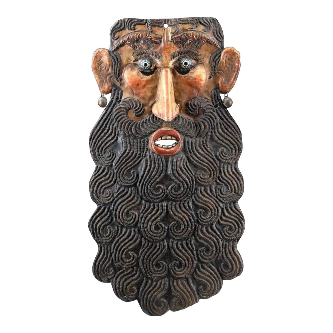 Mexican Guerrero Painted Copper Barbone Mask: Latin America, Mexico, Guerrero, ca. early 20th century CE. An evocative copper repousse mask depicting a bearded man with earrings of copper bells reminiscent of those once made by the Mixtec people