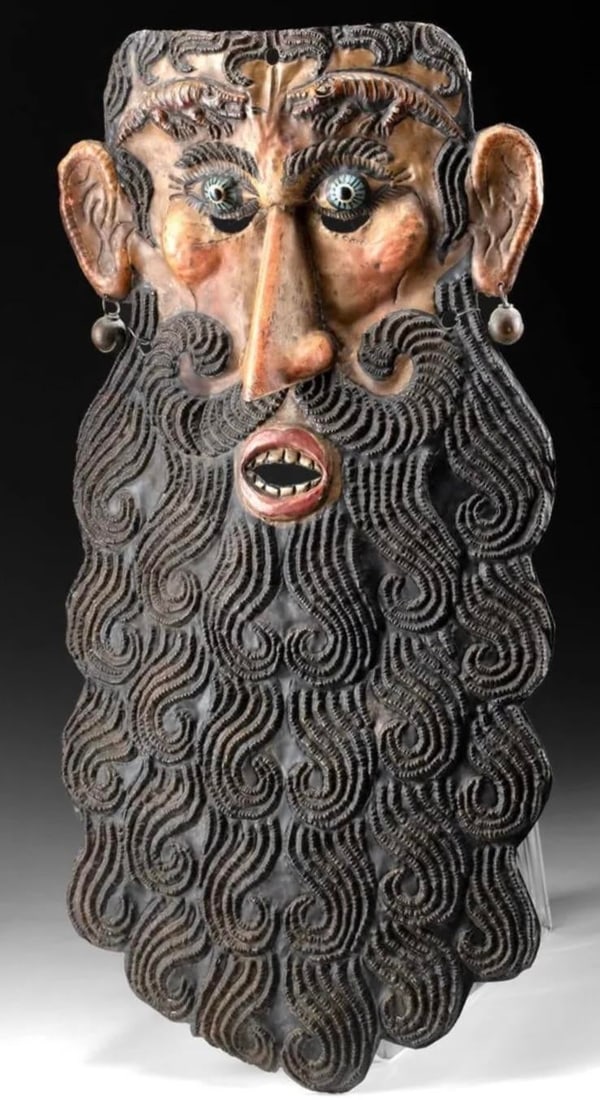 Mexican Guerrero Painted Copper Barbone Mask - 2