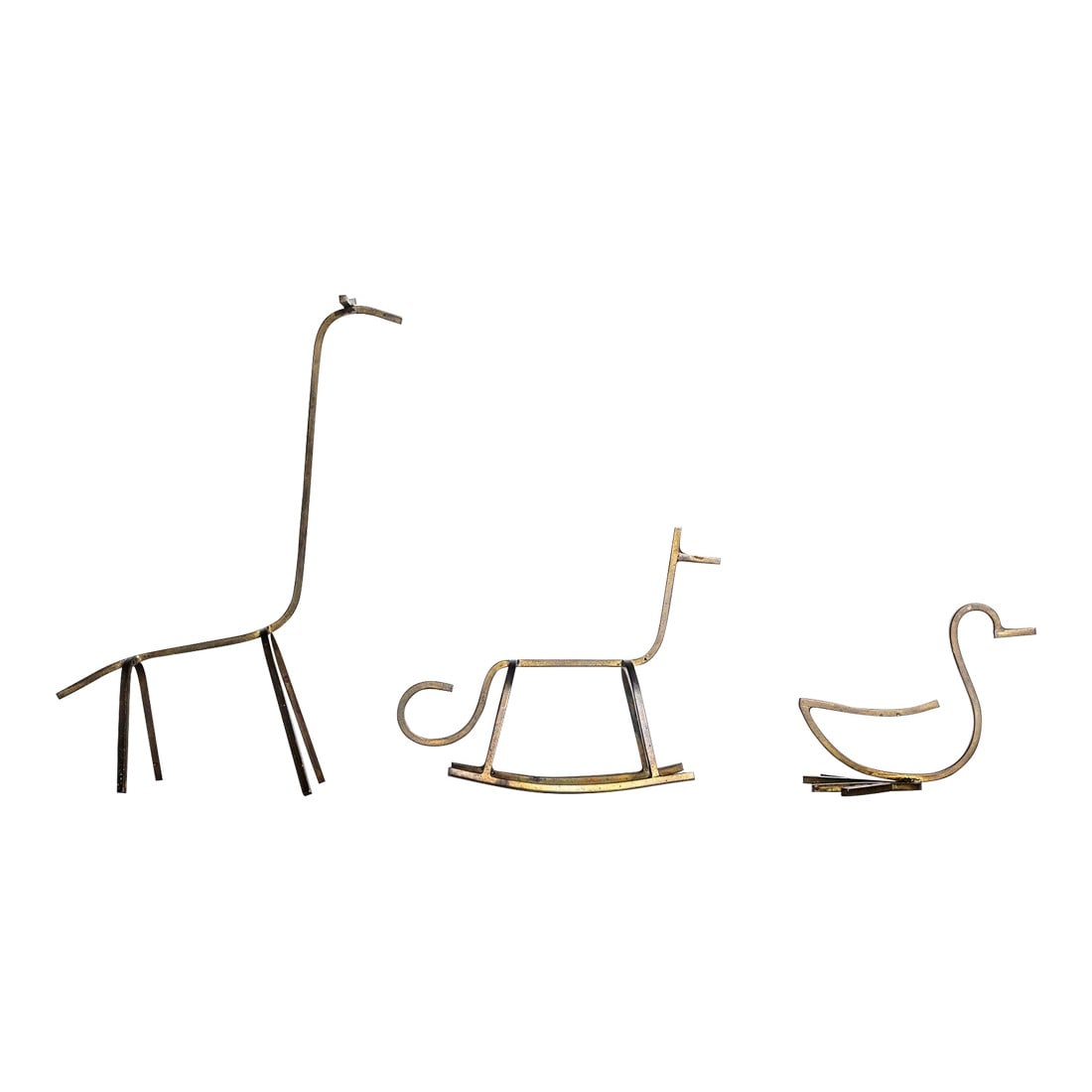 1950s Simon Kops Set of Brass Minimalist Animal Sculptures: Simon Kops set of Solid Brass Minimalist Animal Sculptures; Hand made Giraffe, Duck and Horse Signed underside of each, Simon Kops Giraffe 7.50" high X 5" length X 2.50" wide Rocking Horse 5" length X