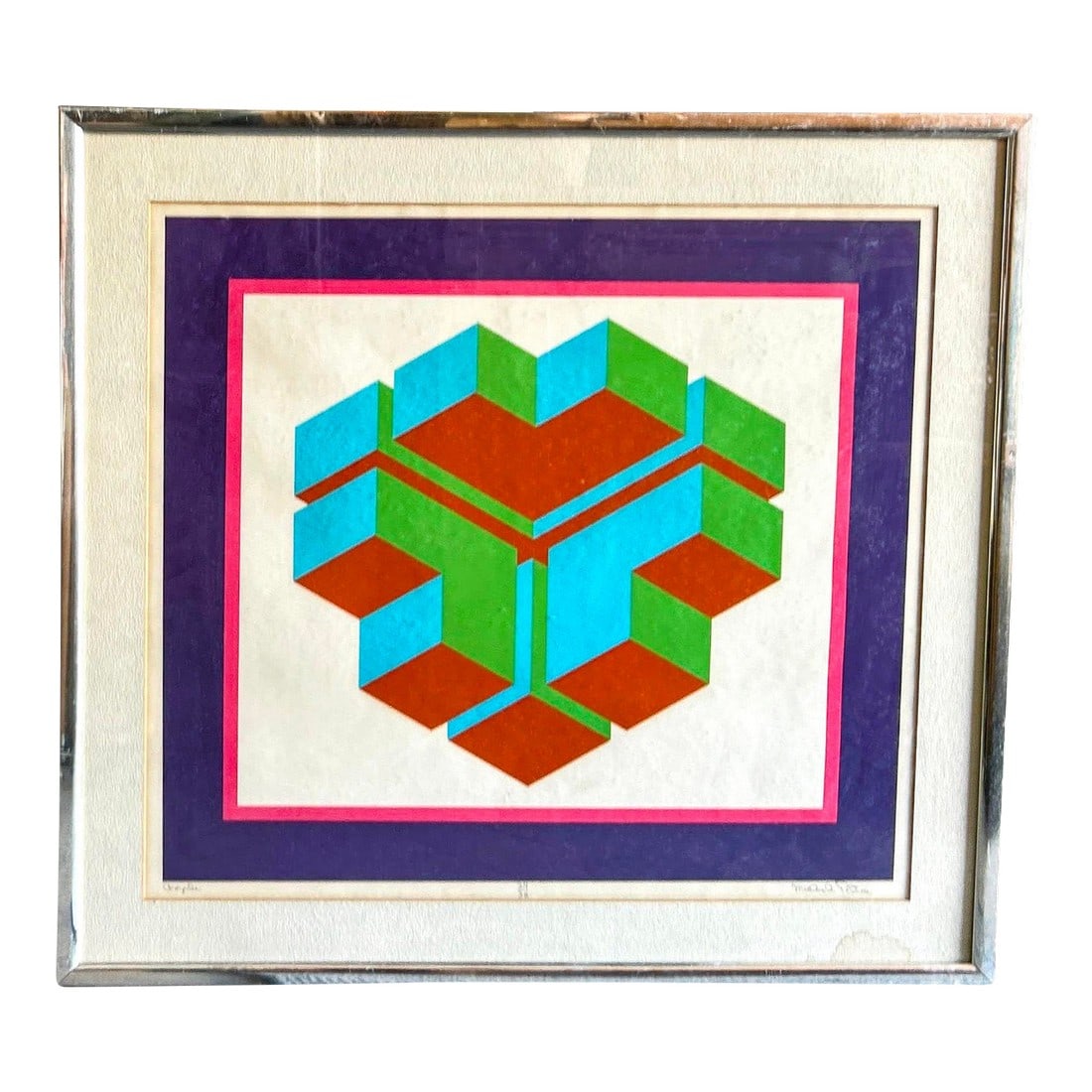 1970s Contemporary Original Signed "Argale" Op Art Geometric Framed Print by Michael Petree: Original Signed Argale Geometric Framed Print by Michael Petree. Colorful abstract Op Art print with iconic geometric motif. Artist/Designer; Manufacturer: Michael Petree (20th Century) Marking(s);